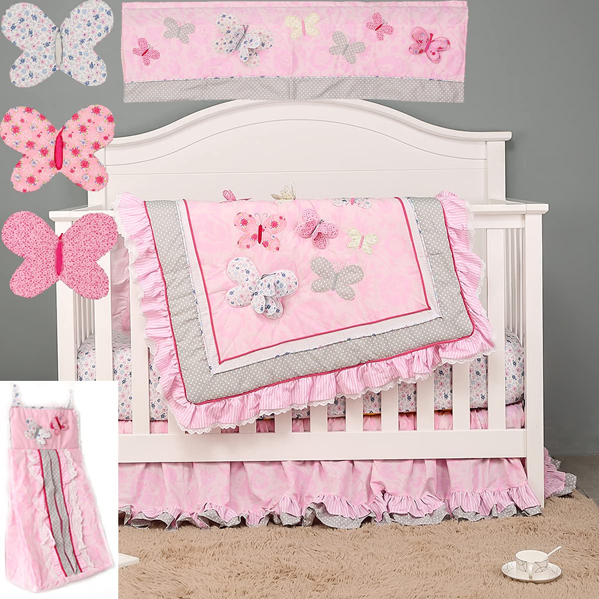 8-Piece Pink Butterfly Embroidery Nursery Crib Bedding Set - Heavy Duty Cotton Baby Girl Crib Set with Quilt, Fitted Sheet, Skirt, Diaper Storage Bag & Window Valance (28