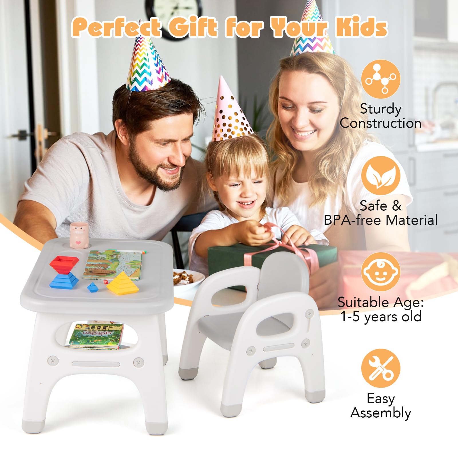 Costzon Kids Table and Chair Set - Dinosaur Themed Toddler Activity Desk with Storage Rack & Montessori Building Blocks | Sturdy Children's Furniture for Art, Play & Learning | Perfect for Daycare, Preschool & Home Playroom (Gray)