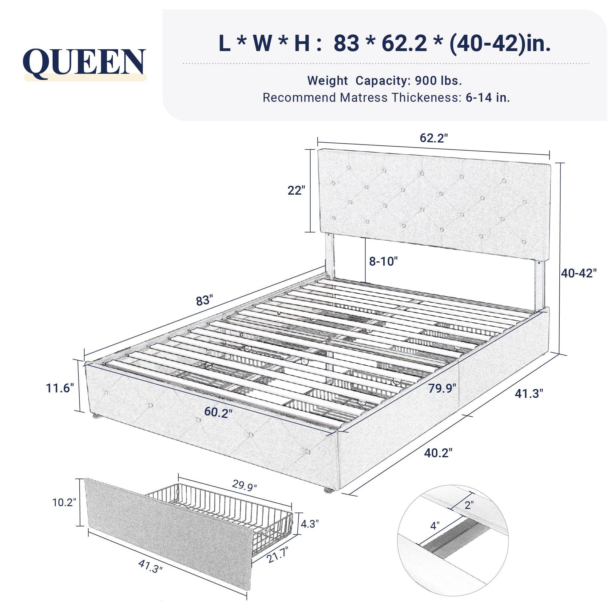 Queen Platform Bed Frame with Storage Drawers & Headboard - Dark Grey for Modern Bedrooms