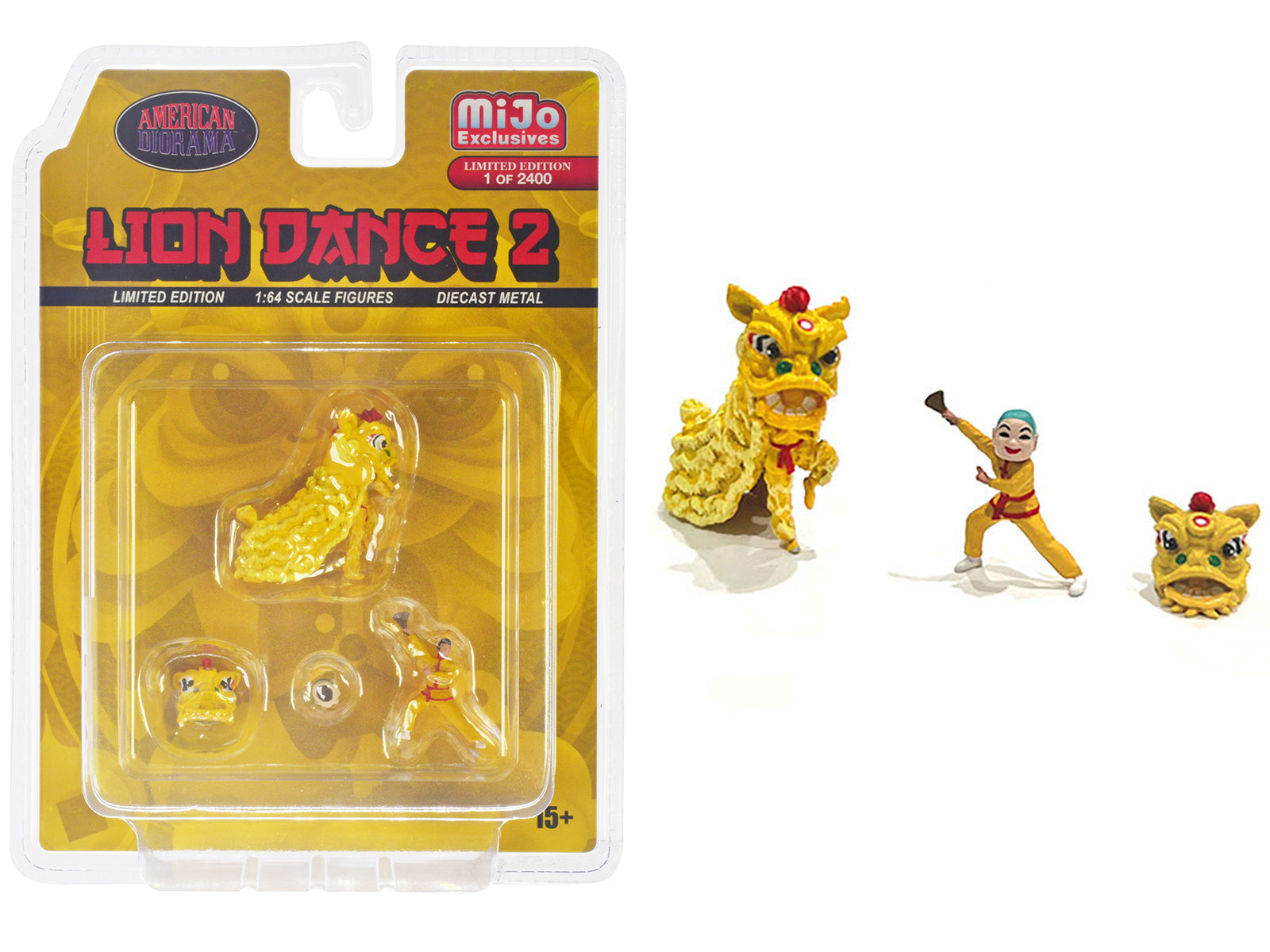 Limited Edition Lion Dance 2 Diecast Figure Set - 1/64 Scale Model with 1 Figure, 1 Lion & 2 Accessories (Only 2400 Worldwide) - Perfect for Collectors, Chinese New Year Displays & Diorama Scenes