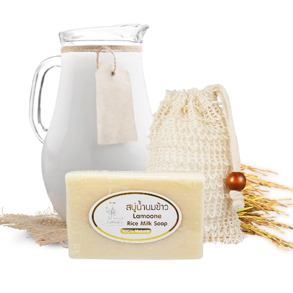 Organic Herbal Rice Milk Soap with Natural Exfoliating Bag - Moisturizing Collagen Glycerin Vitamin E Soap Bar 3.5oz (100g) - Gentle Lather for Dry & Sensitive Skin - Made in Thailand - Perfect for Daily Cleansing, Spa Treatment & Gift Giving