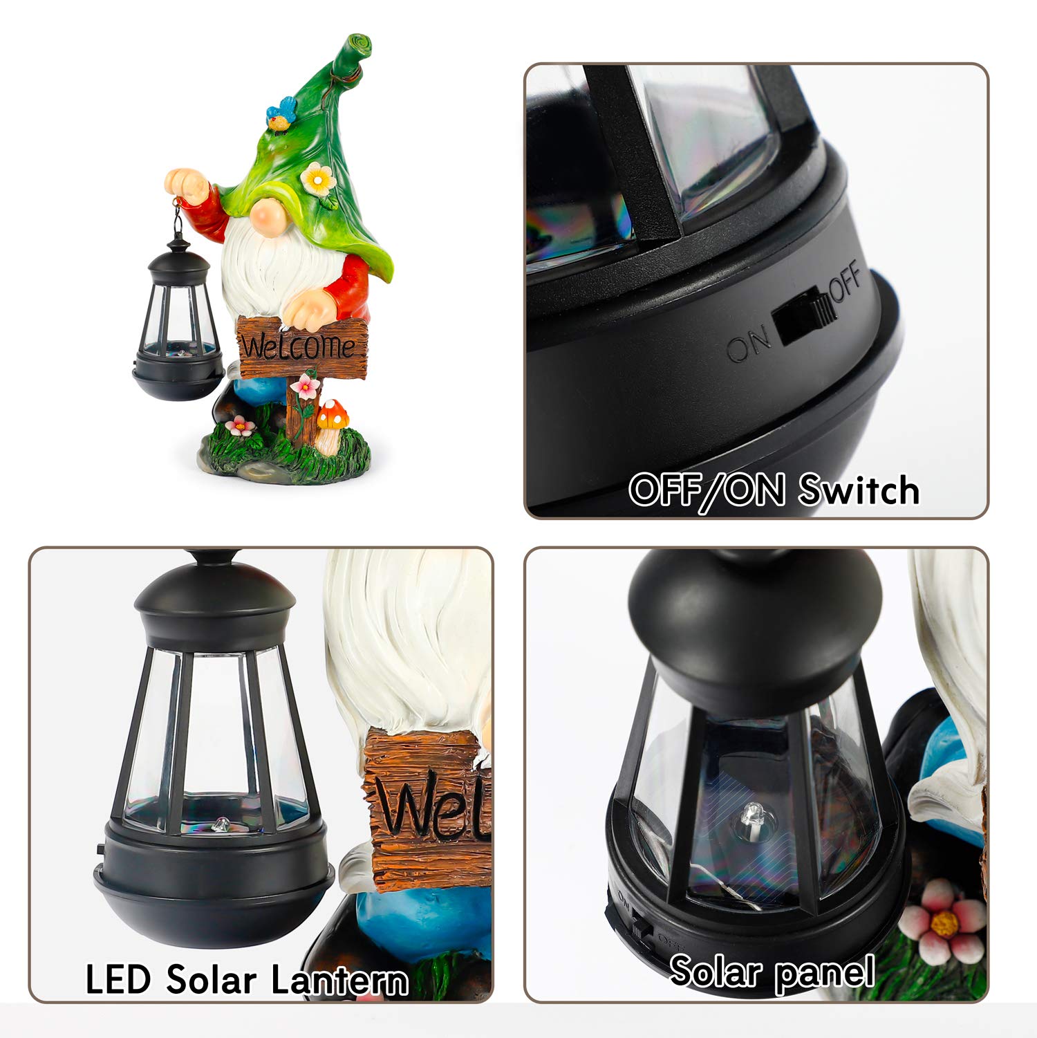 Solar-Powered Garden Gnome Statue with LED Lights & Welcome Sign - Waterproof Resin Outdoor Decor for Patio, Lawn, Garden & Indoor Use - Perfect for Nighttime Illumination & Home Decoration