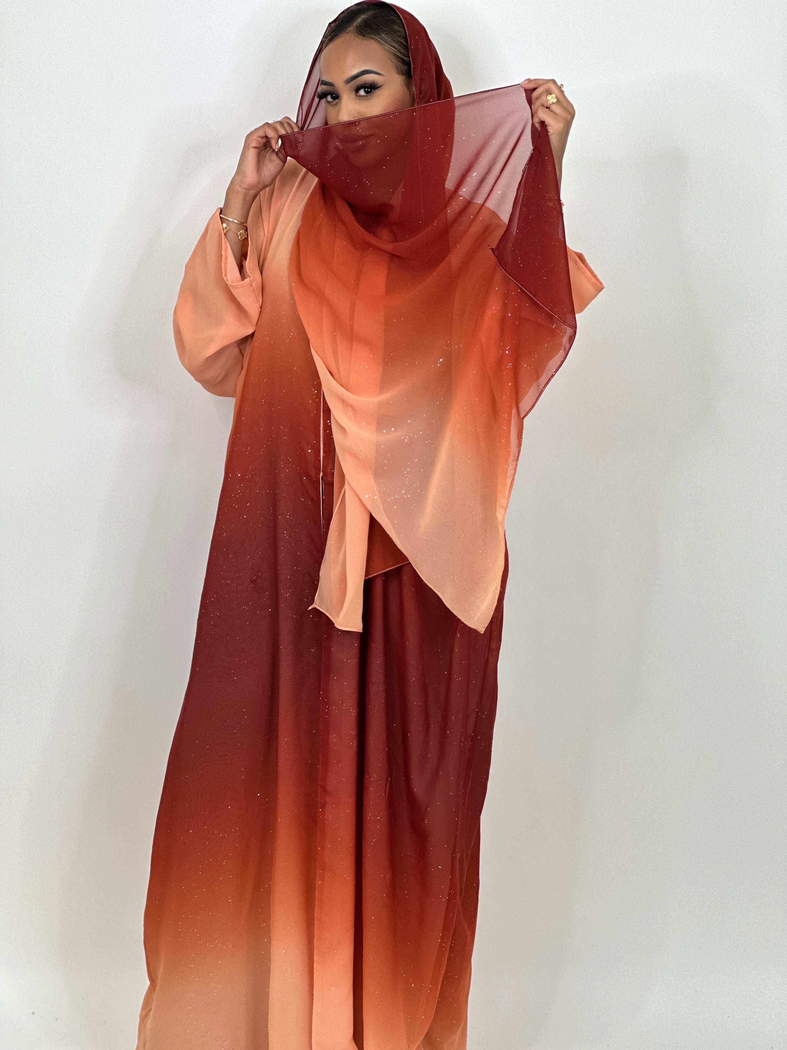 Elegant Sunset Ombré Stars Abaya Dress for Women - Modest Islamic Fashion for Prayer, Evening Events & Special Occasions