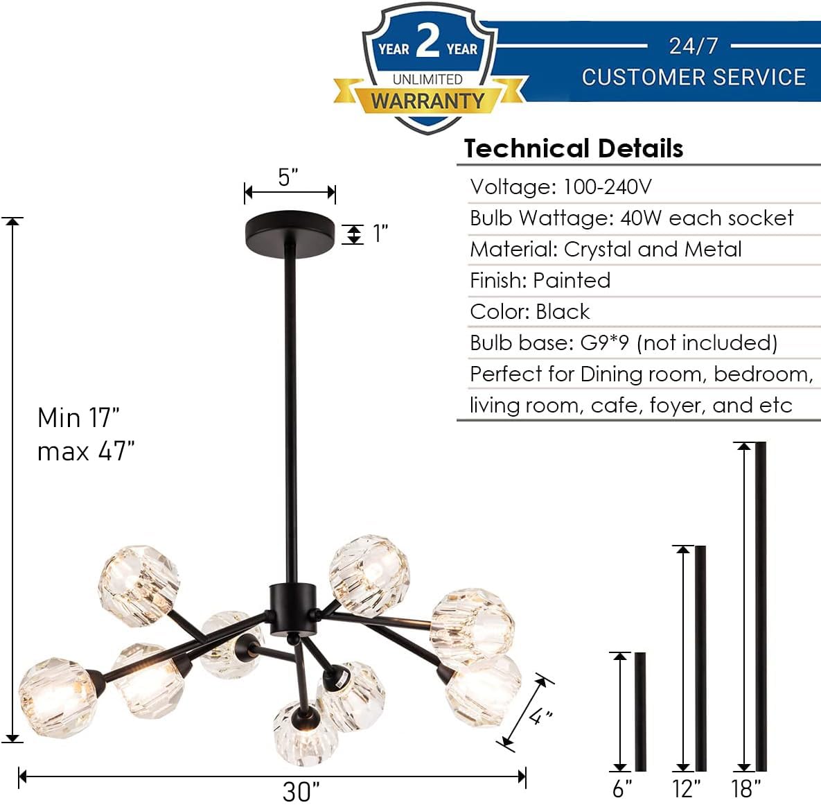Modern Black Crystal Chandelier - 9-Light Sputnik Fixture for Dining Room & Kitchen Island