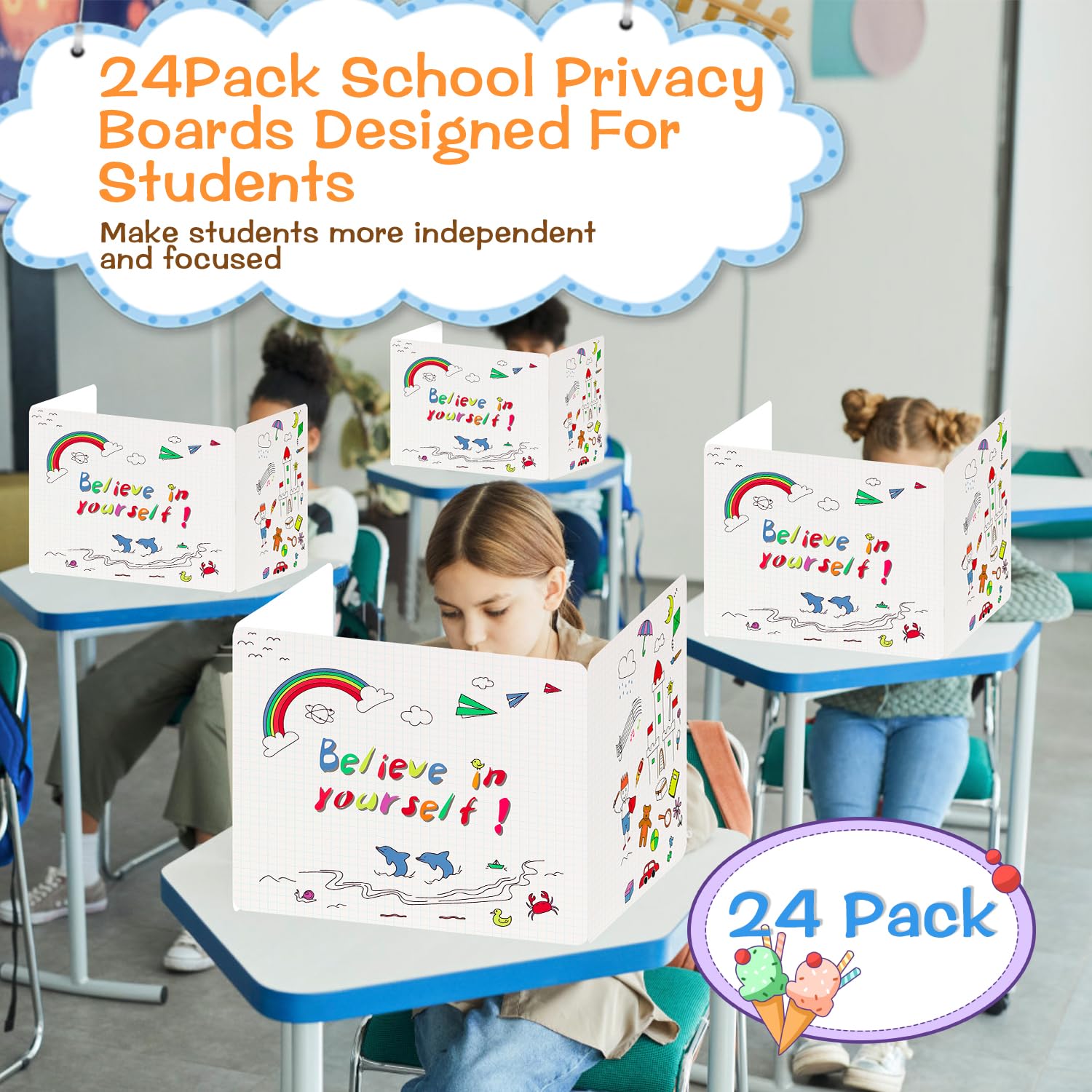 Student Privacy Boards & Desk Dividers - 24-Pack Cardboard Classroom Privacy Shields for School Teachers & Home Learning | Motivational 'Believe in Yourself' Design | Ideal for Focused Study, Test Taking & Quiet Workspaces