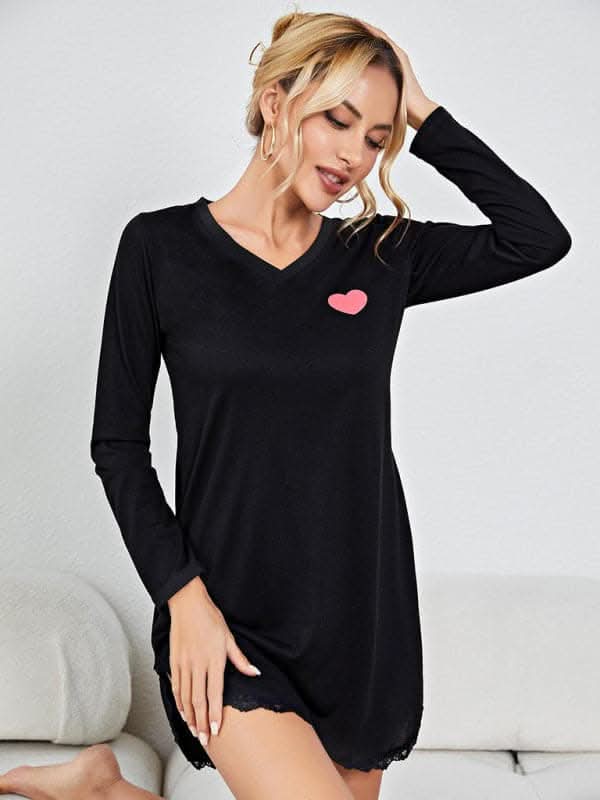 Stylish Heart Print Pajama Dress for Women - Soft Sleepwear Nightgown for Cozy Nights & Relaxing at Home