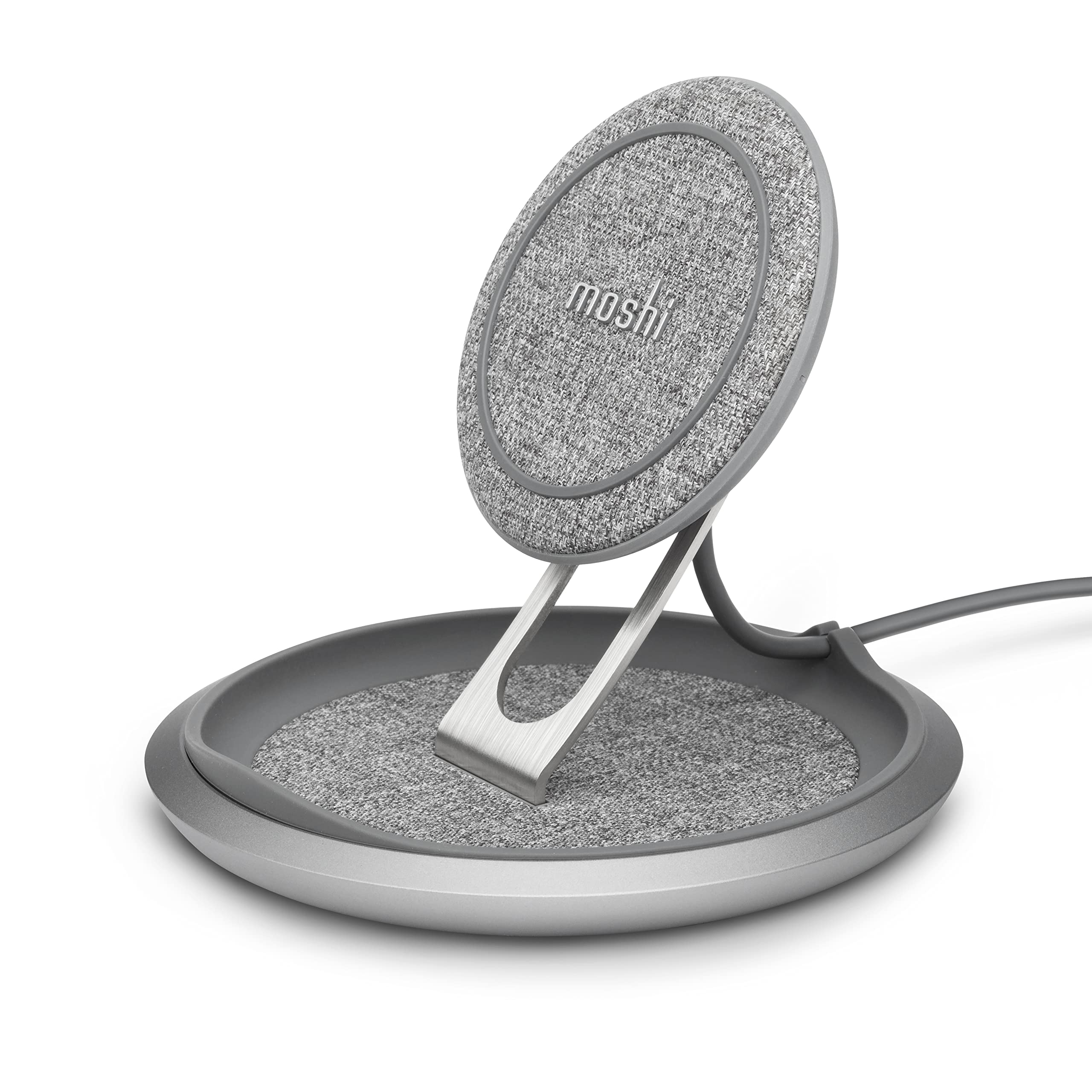 Moshi Lounge Q Wireless Charger Stand - Adjustable Height, Soft Fabric, 15W Fast Charging for iPhone 12/13/14, Galaxy S21/S22, Pixel & Qi Devices | Perfect for Bedside, Office Desk & Nightstand Charging (AC Adapter Not Included)