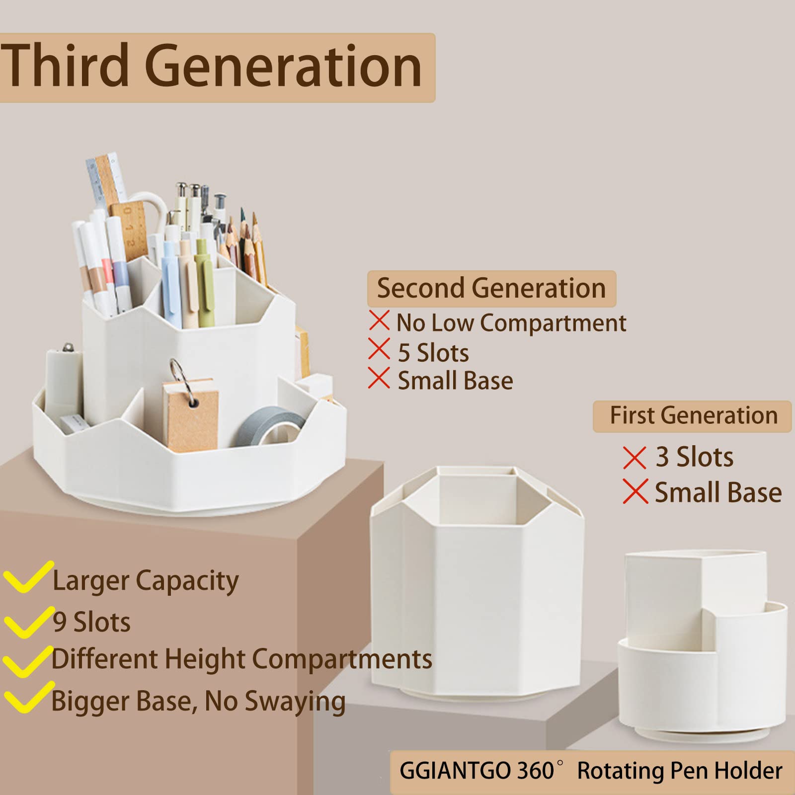 360° Rotating 9-Slot Pencil Pen Holder for Desk - Beige Office & Home Organizer for Stationery, Art Supplies | Perfect for School, Work & Crafting