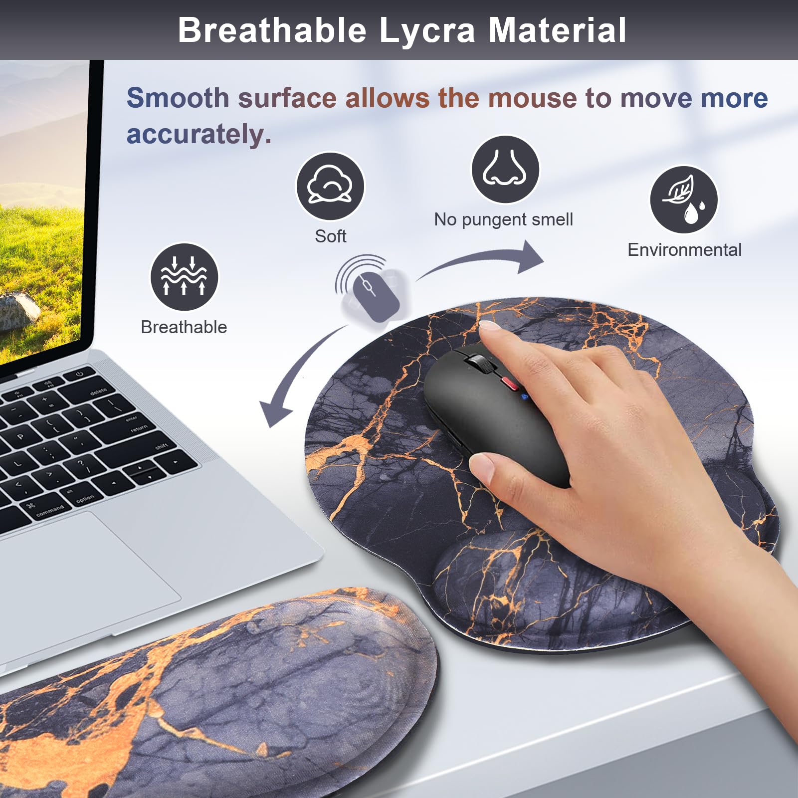Ergonomic Mouse Pad and Keyboard Wrist Rest Set - Black Grey Orange Marble Design, Memory Foam Support for Wrist Pain Relief | Perfect for Office Work, Gaming & Long Computer Use