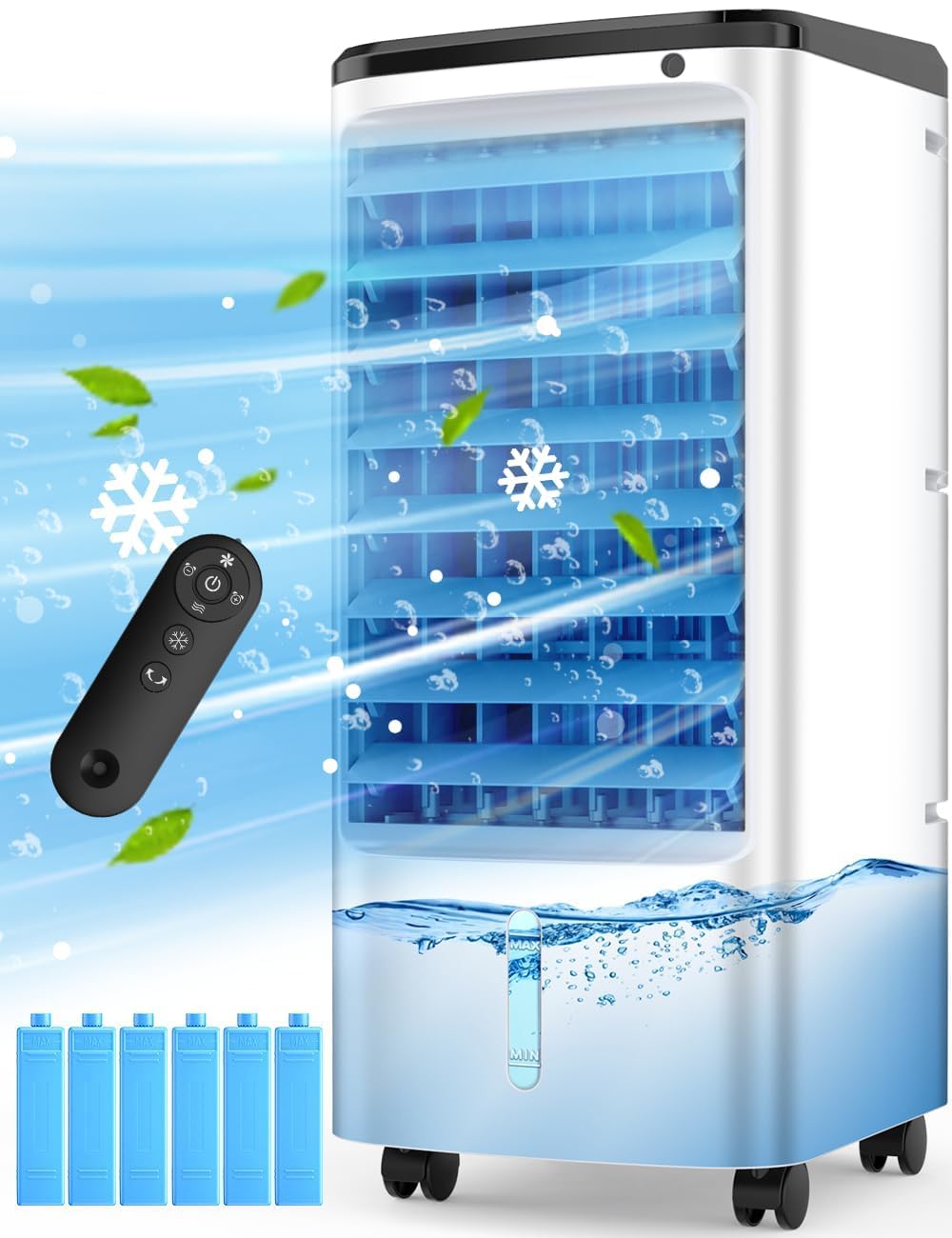 12H Auto-Off Evaporative Air Cooler with 6 Ice Packs, 3-Speed Windowless AC, Smart Remote, Dual Tank Portable Swamp Cooler, 65W, White - Perfect for Bedrooms, Offices, and Small Spaces