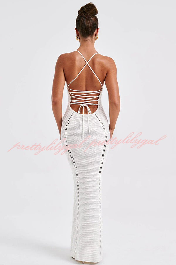 Elegant Knit Crochet Hollow Out Back Lace Up Stretch Maxi Dress for Women - Summer Beach Vacation & Boho Chic Outfit