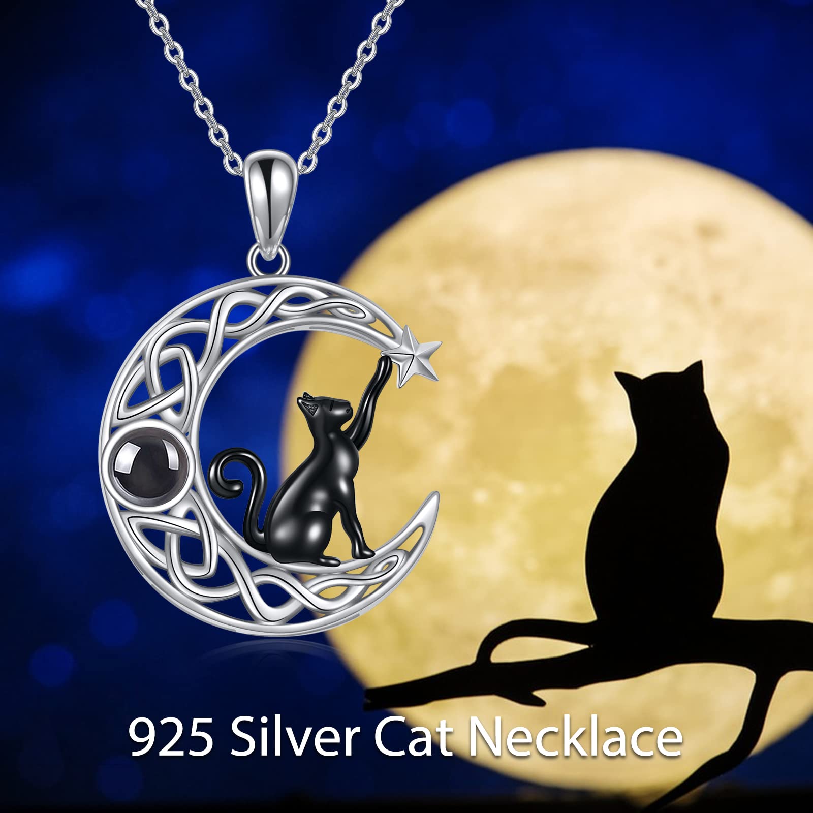 VONALA 925 Sterling Silver Black Cat Necklace with Moon Pendant - Elegant Jewelry Gift for Women & Teen Girls | Birthday, Christmas, Valentine's Day Present | Perfect for Casual Wear, Date Night & Special Occasions