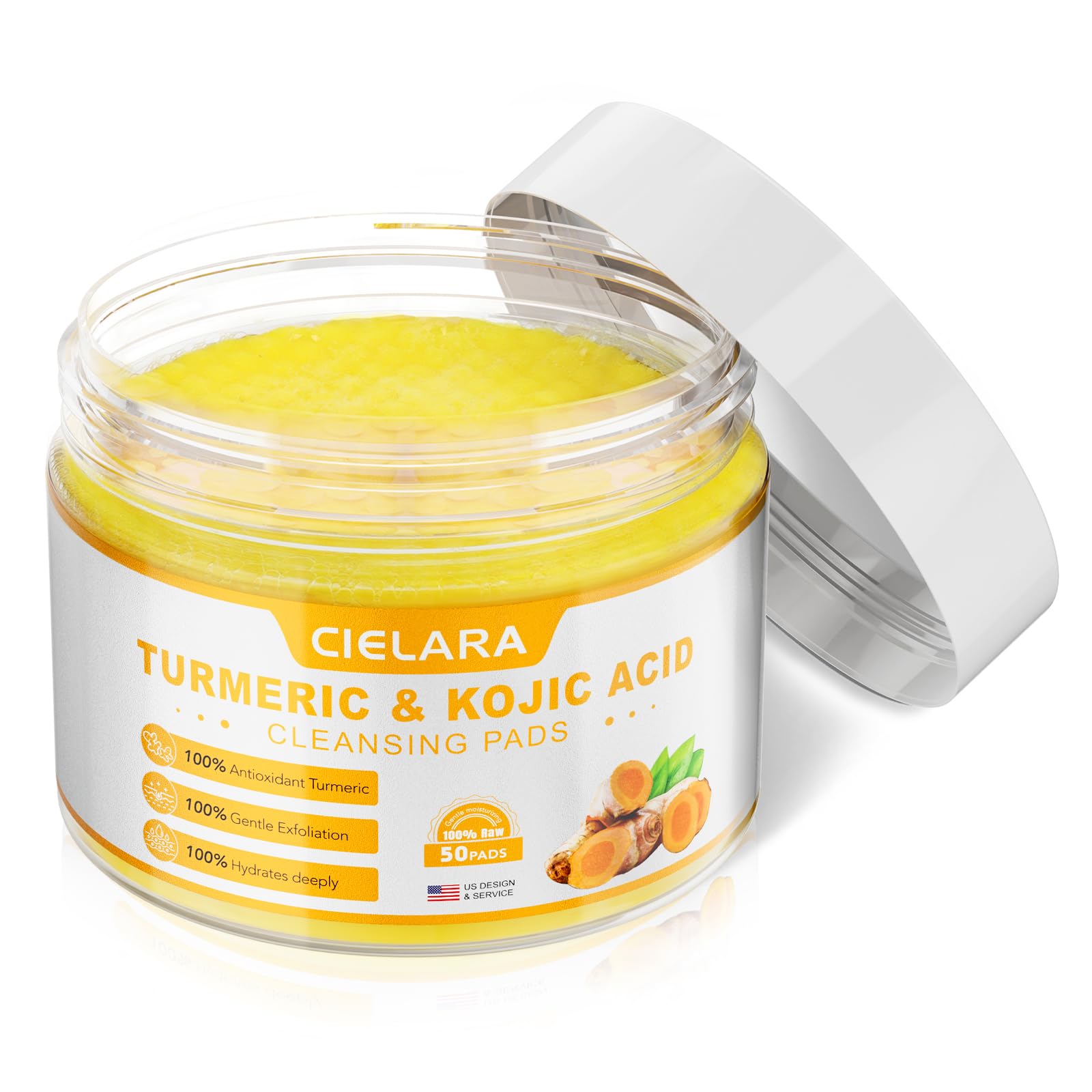 CIELRA Turmeric Kojic Acid Cleansing Pads for Dark Spots & Hyperpigmentation - Brightening Face Treatment with Vitamin C & E for Acne-Prone Skin | Deep Pore Cleanser for Daily Skincare Routine & Post-Makeup Removal