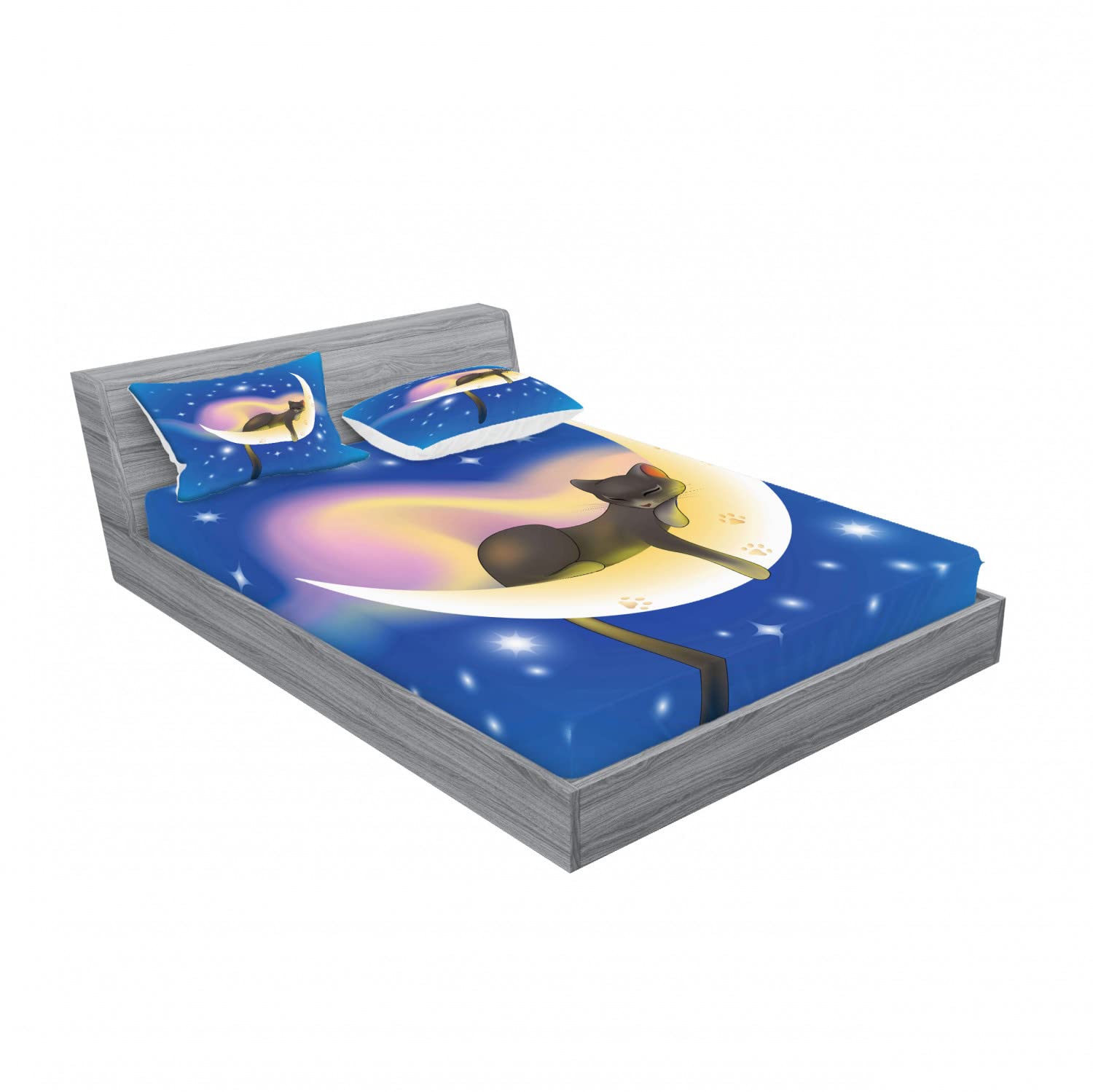 Ambesonne 2-Pack Cartoon Cat Fitted Sheet & Pillow Sham Set - 4 Piece Bedding Decor (2 Twin XL Fitted Sheets & 4 Pillow Covers) in Yellow & Blue - Perfect for Kids' Rooms, Dorm Decor, and Themed Bedroom Makeovers