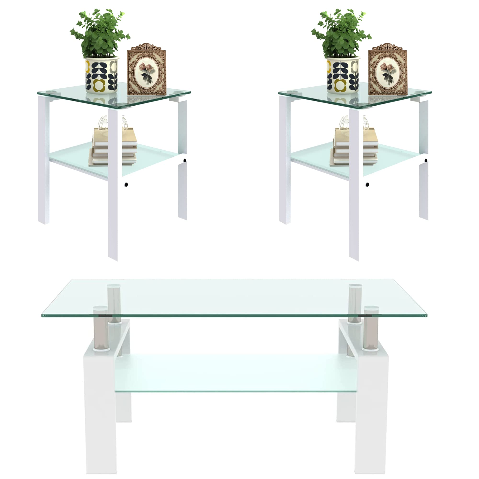 3-Piece White Glass Coffee Table Set with Tempered Glass Top & Metal Frame - Modern Living Room Table Set for Small Spaces, Apartments | Perfect for Lounge, TV Room & Home Decor