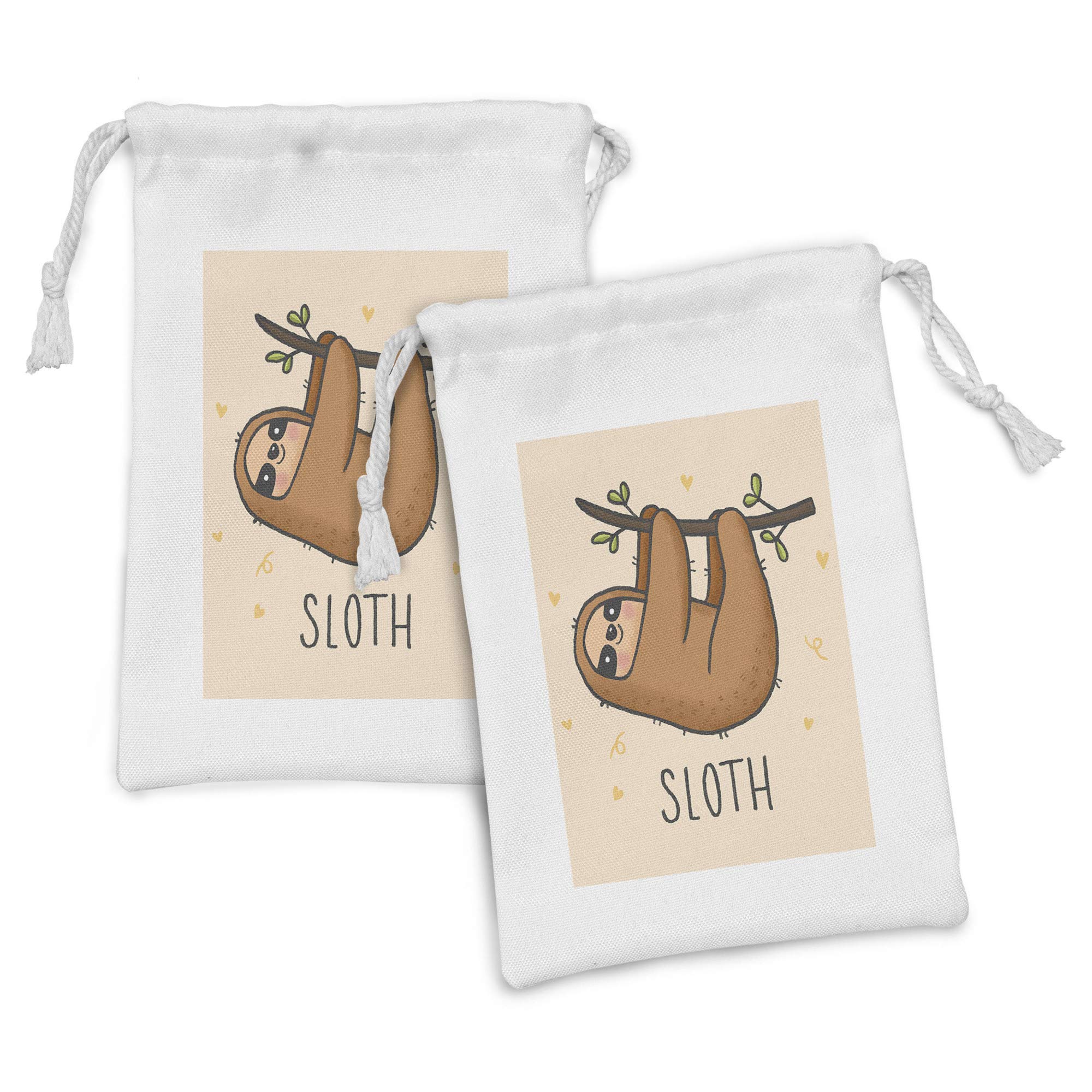 Ambesonne Funny Sloth Fabric Pouch Set of 2 - Cute Lazy Animal Drawstring Bags with Smiling Hearts & Leaf Branches Design (9