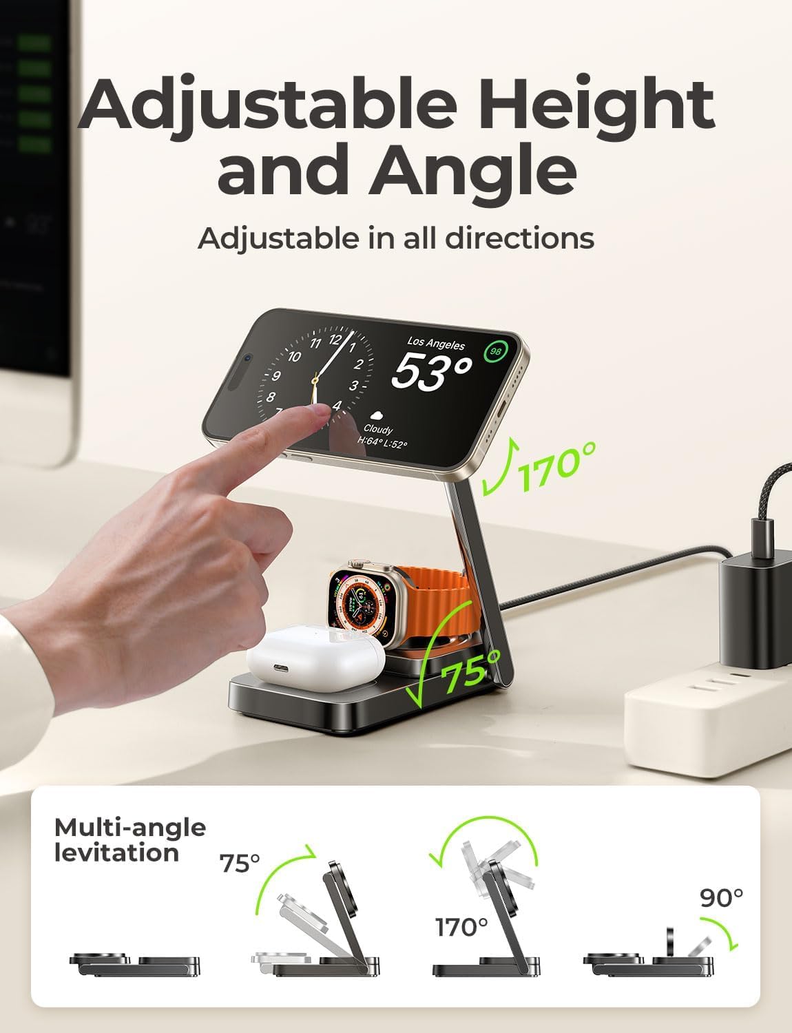 Lisen 3-in-1 Nightstand with Wireless Charging Station - 15W Fast Charger for iPhone 16/15 Pro Max, Apple Watch & AirPods - Magsafe Compatible Bedside Organizer for Home & Travel Use