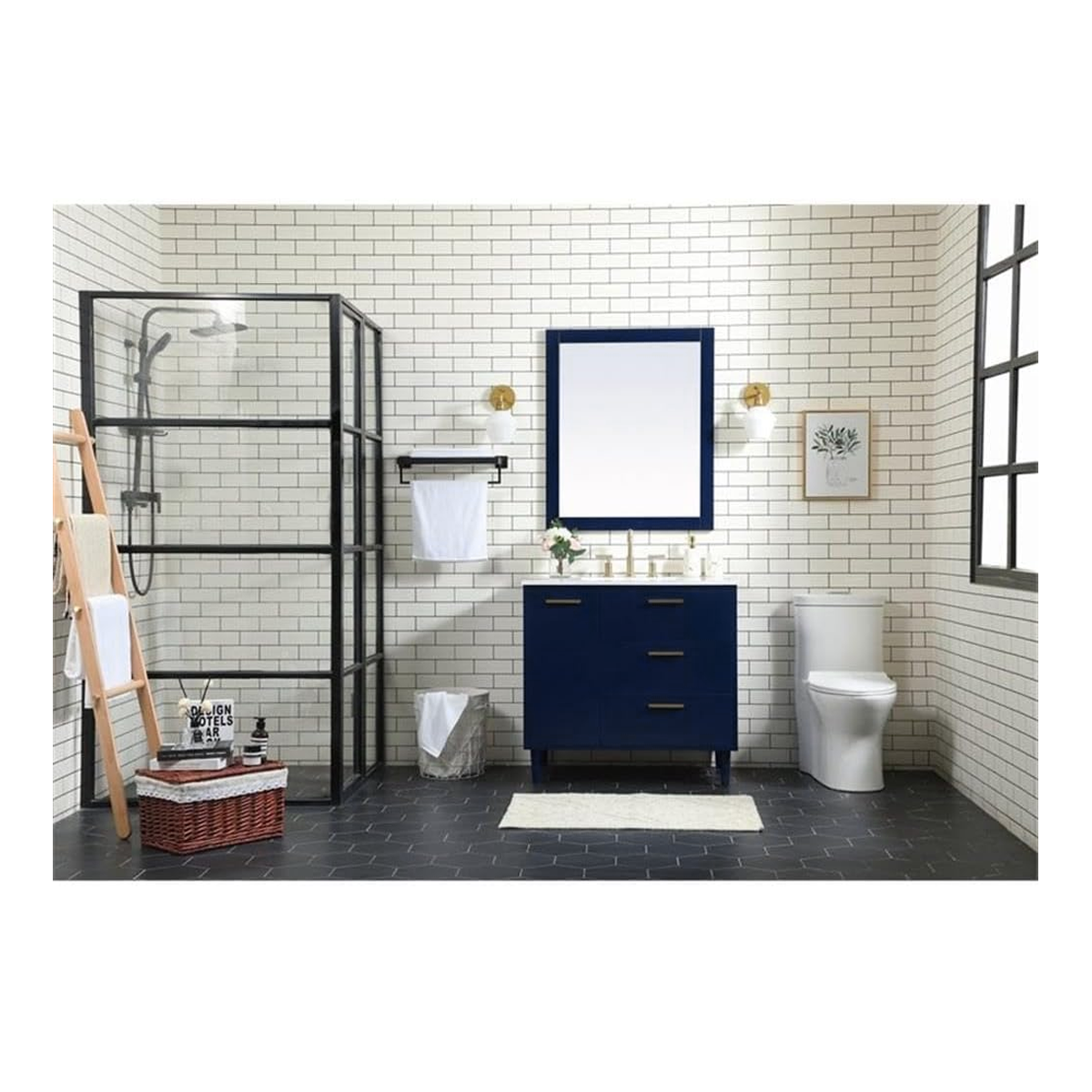 VF47036MBL 36 x 22 Inch White Floor Mount Vanity Top with Faucet Hole & Blue 3-Drawer Vanity Base - Perfect for Bathroom Remodeling and Small Space Solutions