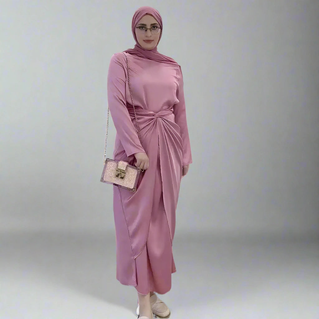2 Piece Set Solid Color Open Cardigan Abaya Dress Suit for Women - Modest Muslim Fashion for Prayer, Daily Wear & Special Occasions