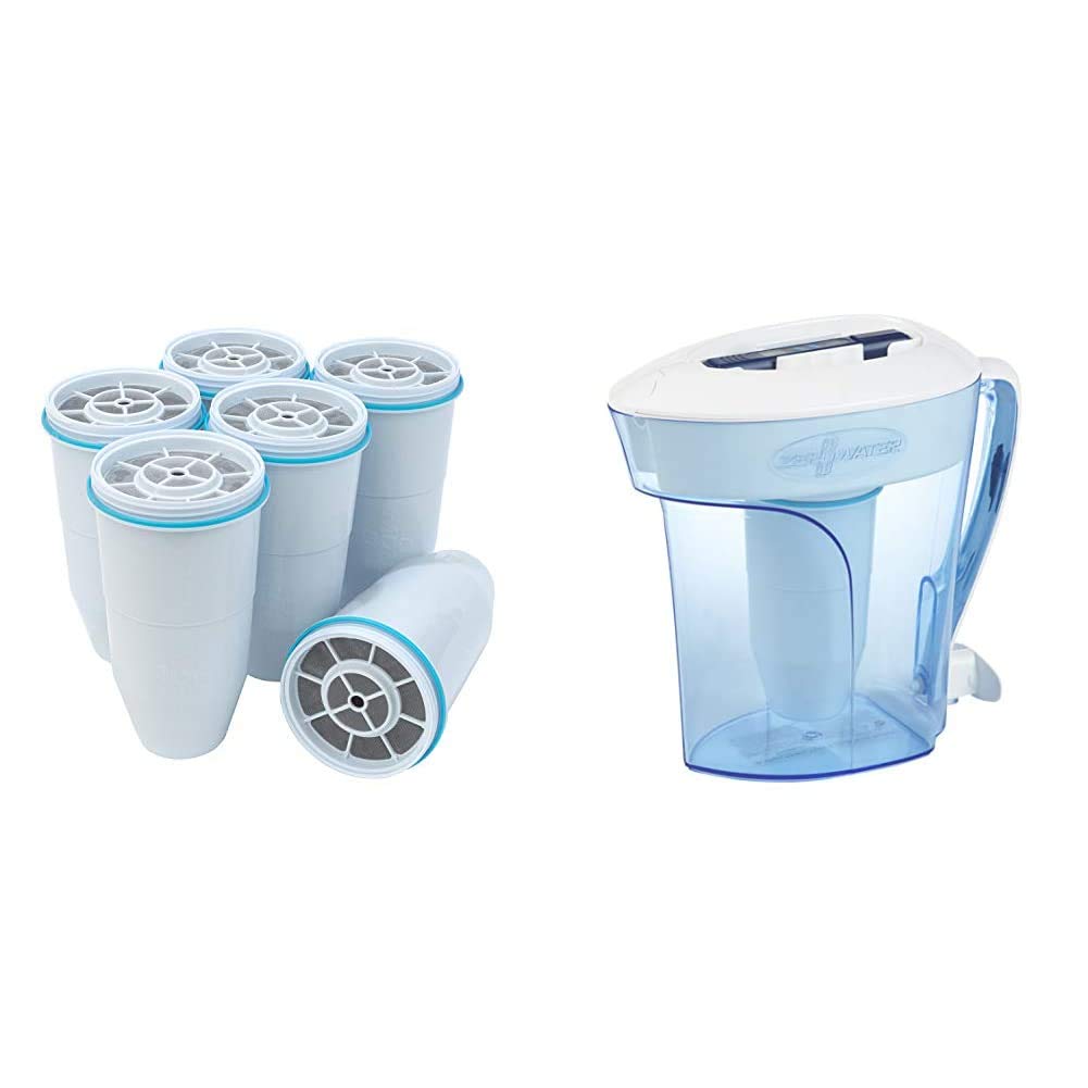 ZeroWater Official Replacement Filter (6-Pack) and 10-Cup 5-Stage Water Filter Pitcher Bundle - Clean Drinking Water for Home, Office & Travel