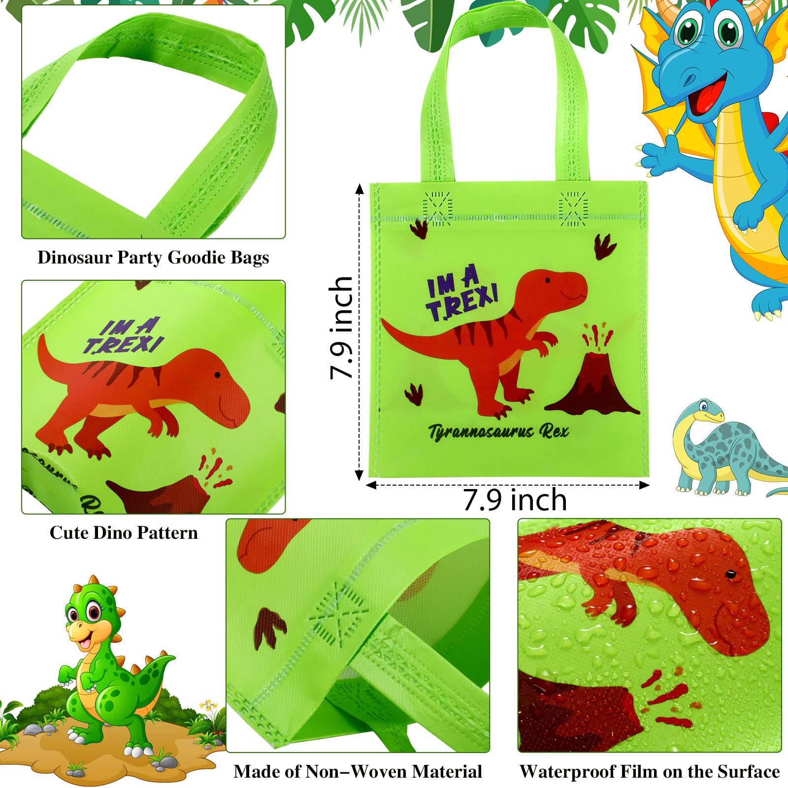 24-Piece Dinosaur Party Favor Bags - Reusable Non-Woven Tote Treat Bags with Handles for Kids Birthday, Dino Themed Party Decorations & Candy Goodie Bags | Perfect for Dinosaur Birthday Parties, Classroom Rewards, and Halloween Treat Bags