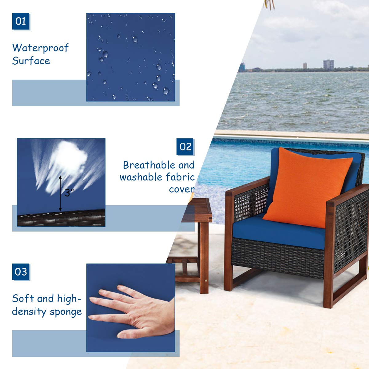 **Tangkula 3-Piece Patio Wicker Furniture Set - Outdoor Rattan Sofa Set with Washable Cushions & Acacia Wood Coffee Table - Garden, Balcony, Backyard Conversation Bistro Set (Blue) - Perfect for Relaxing, Entertaining, and Outdoor Dining**