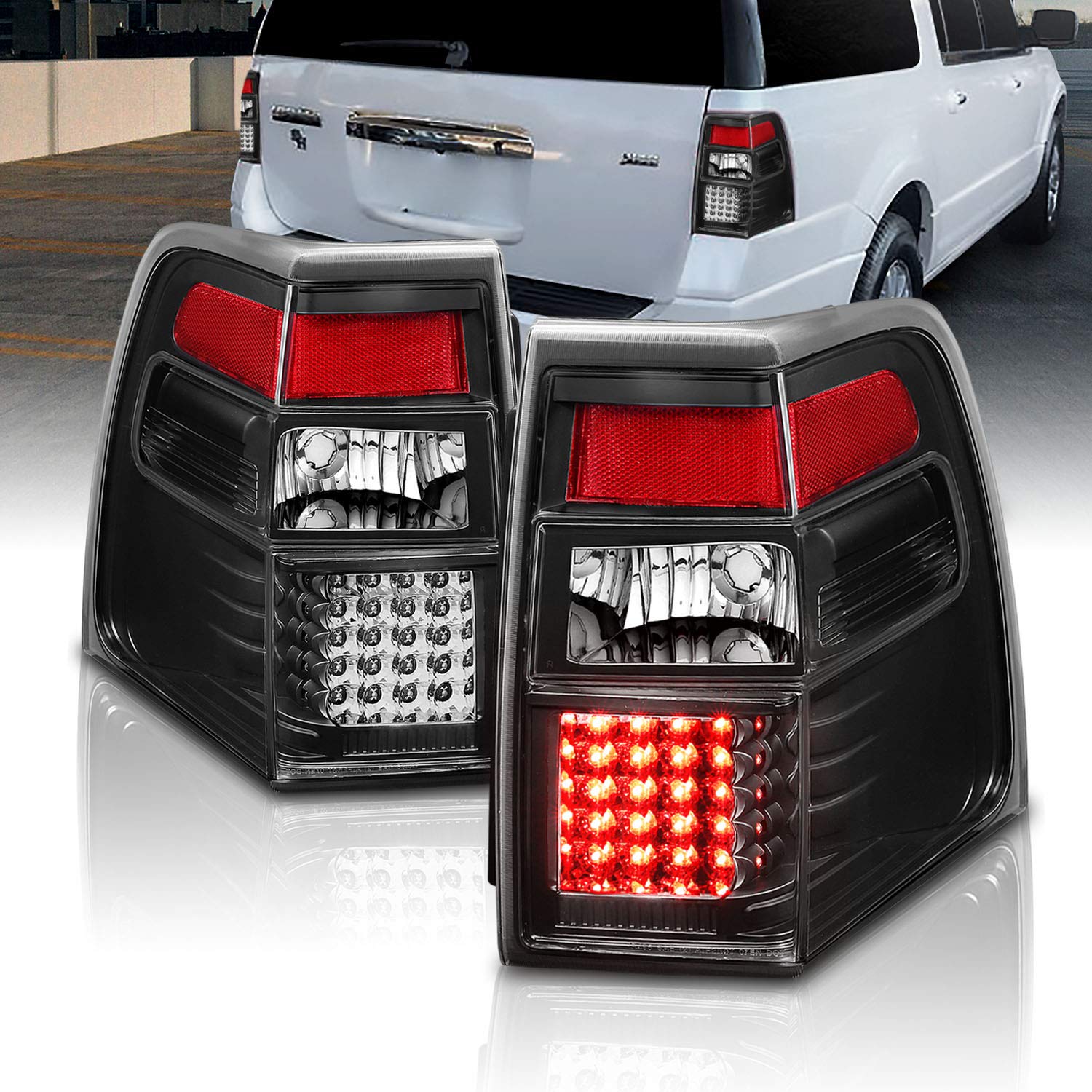AmeriLite Black LED Replacement Brake Tail Lights Set for 2007-2017 Ford Expedition - Left & Right Side - Durable, Bright, Easy Installation - Perfect for Night Driving & Enhanced Safety