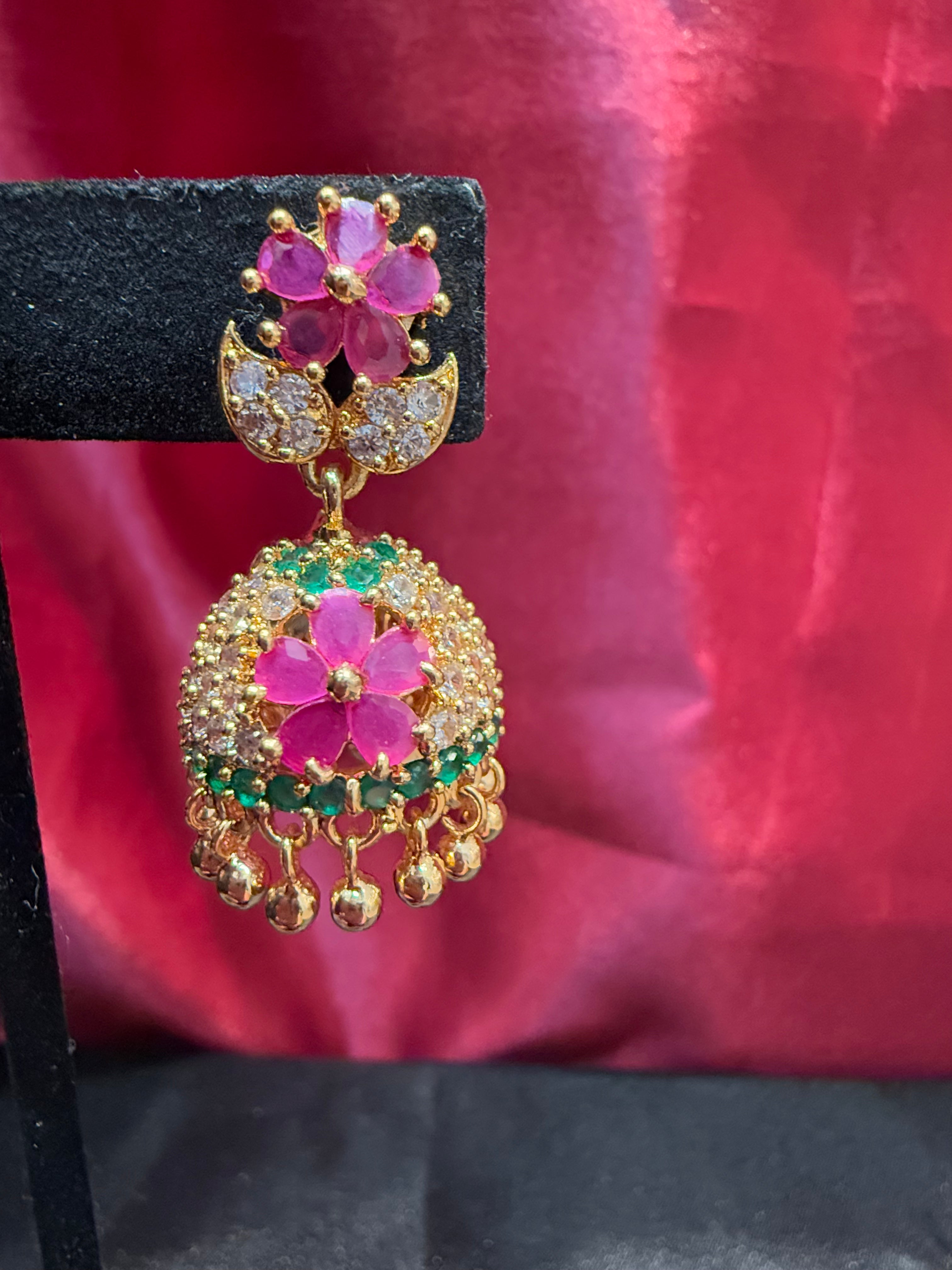 Exquisite Gold Plated Jhumka Earrings with Pink & Green Gemstones Floral Design for Women | Indian Ethnic Jewelry for Weddings, Parties & Festive Occasions