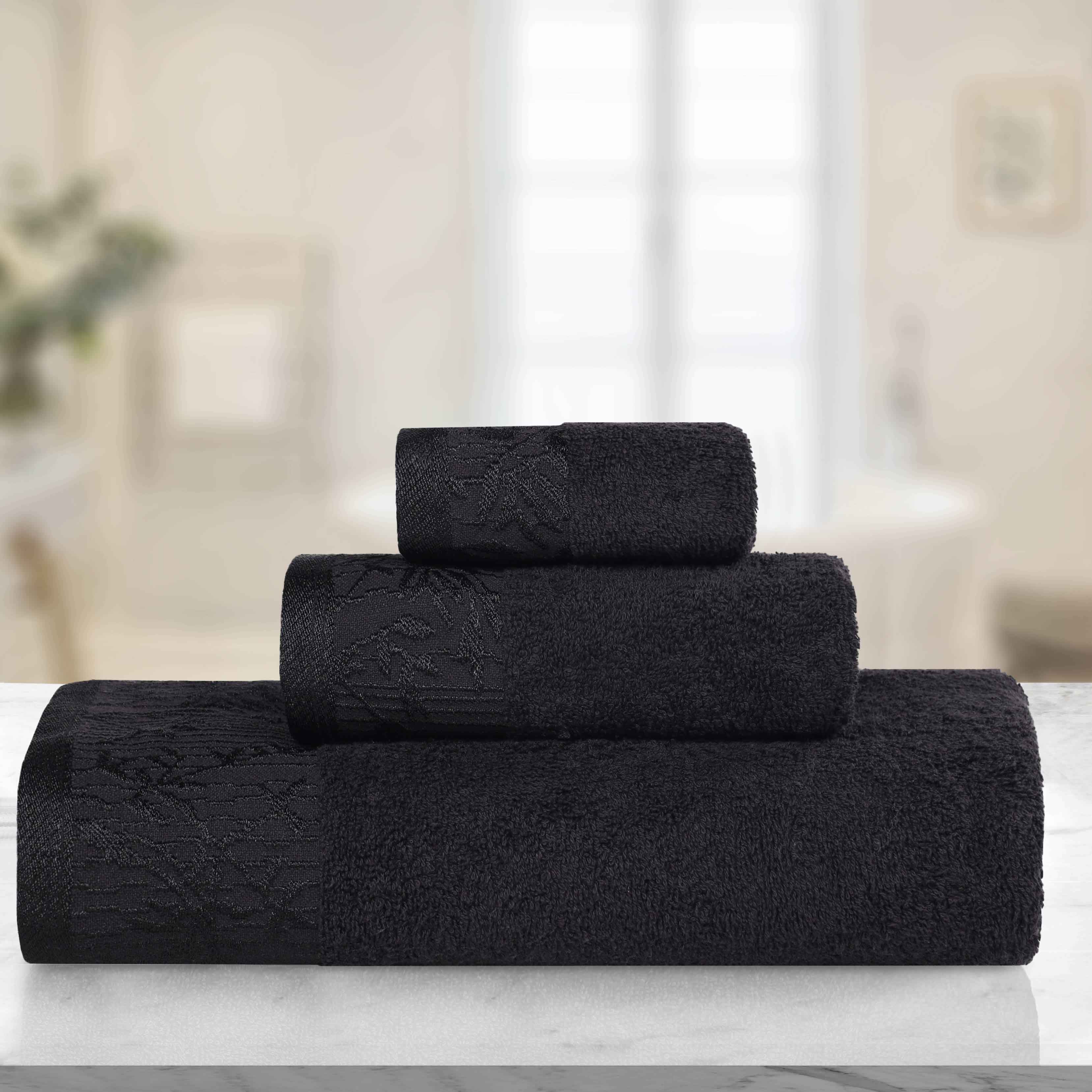 Wisteria Cotton Floral Embroidered Jacquard Border 3-Piece Bath Towel Set - Soft & Absorbent for Bathroom, Spa, and Guest Use