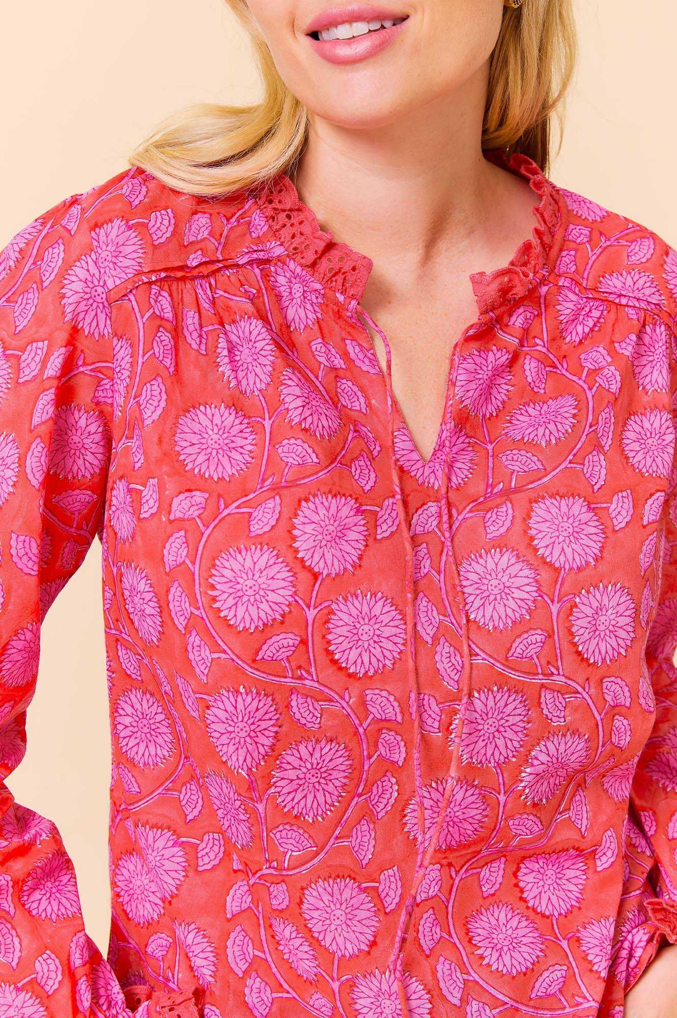 Rosie Organic Cotton Block Print Blouse - Lotus Red & Pink Floral Embroidered Top for Women | Boho Chic Summer Outfit, Casual Wear & Festival Fashion
