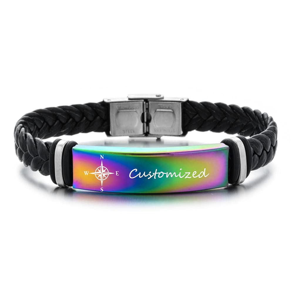 Custom Stainless Steel Compass Bracelet for Men - Personalized Name Engraved Leather Cuff Wristband with Inspirational Quote - Perfect Gift for Dad, Son, Brother, Grandson & Boyfriend - Great for Outdoor Adventures, Travel & Daily Wear