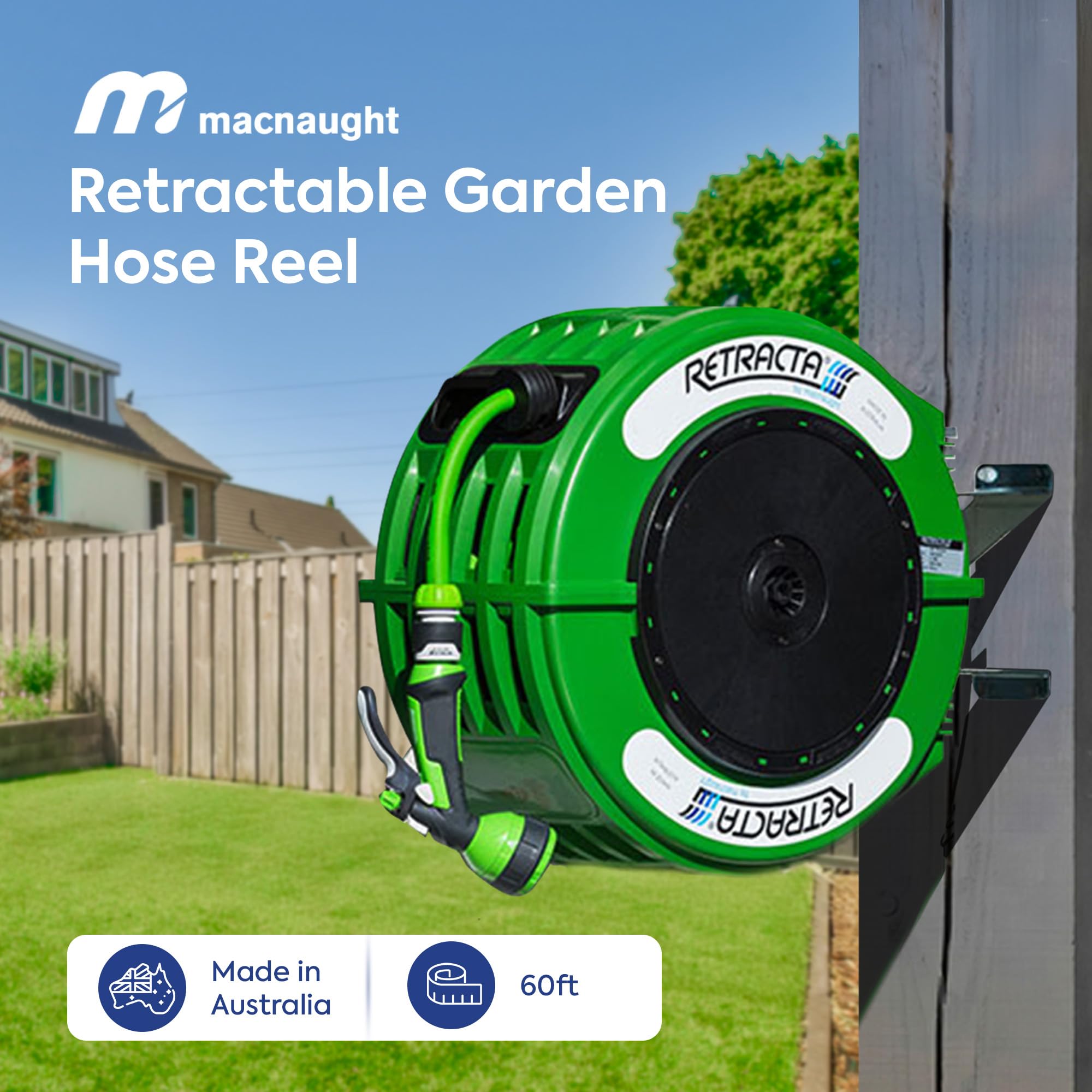 Macnaught 60 Ft Heavy Duty Retractable Garden Hose Reel with 180° Metal Swivel Bracket - Wall Mount Water Hose for Lawn, Garden & Outdoor Cleaning (Green)