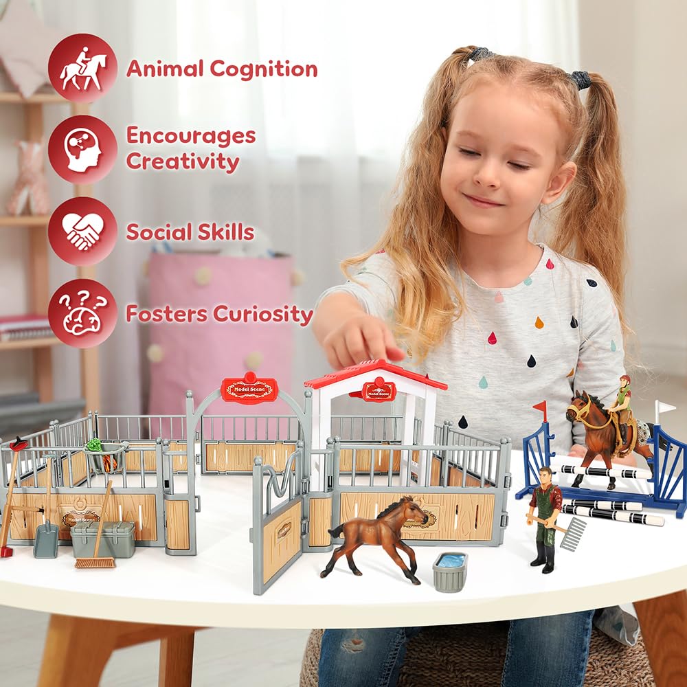 **Premium Horse Stable Playset with Rider & Farm Animals - Wooden Barn Toy Set for Kids Ages 3-10 | Pretend Play, Educational Gift for Boys & Girls | Perfect for Birthday, Farm-Themed Play & Imaginative Learning**