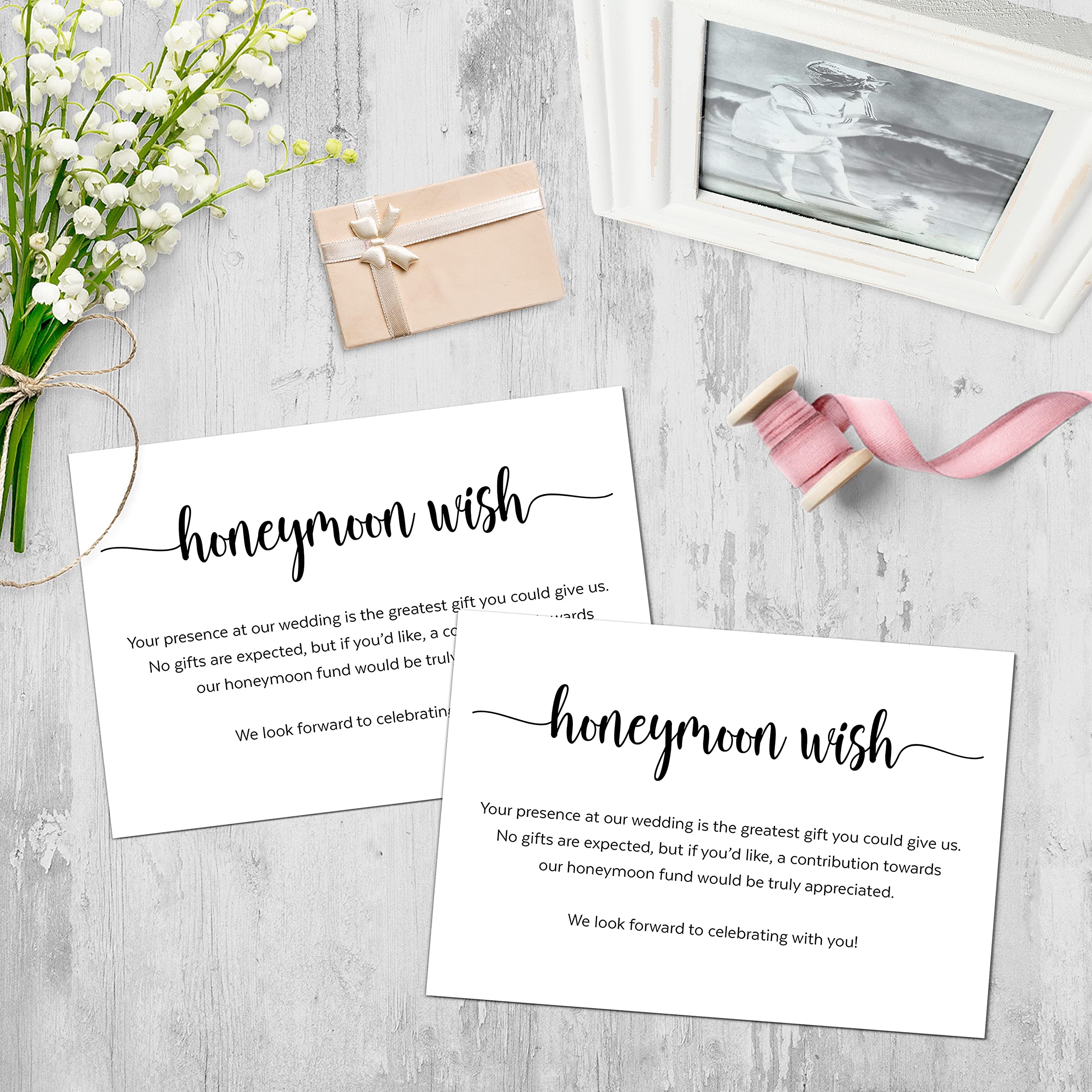 Honeymoon Fund Wish Cards - Set of 50, White 3.5x5 Wedding Invitation Inserts, No Gifts Requested - Perfect for Wishing Well, Honeymoon Fund & Wedding Enclosure Cards - Made in USA