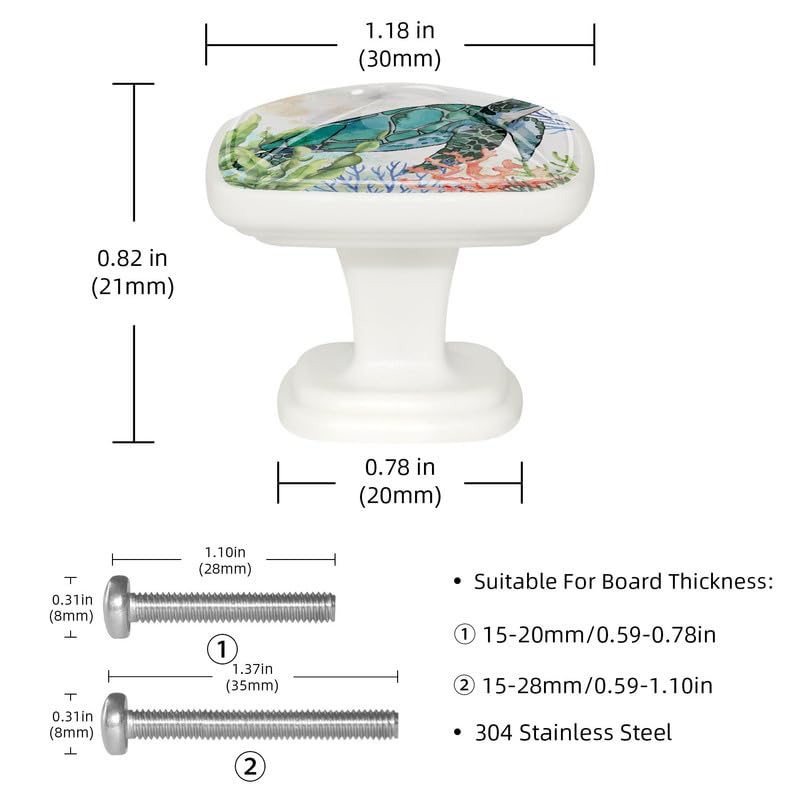 LORVIES 4 Pack Ocean Cabinet Knobs - ABS Glass Square White for Home & Kitchen (Sea Turtle) - Perfect for Dressers & Closets