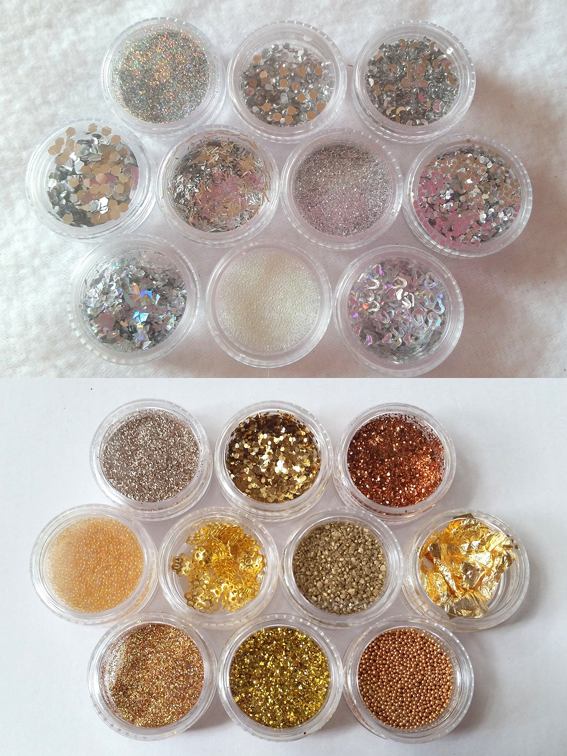 Premium 20-Piece Nail Art Glitter Powder Set - Gold & Silver Flakes, Rhinestones, Sequins & Stripes (3G Tins) for Professional Nail Designs | Perfect for DIY Manicures, Nail Salons & Creative Nail Art Projects