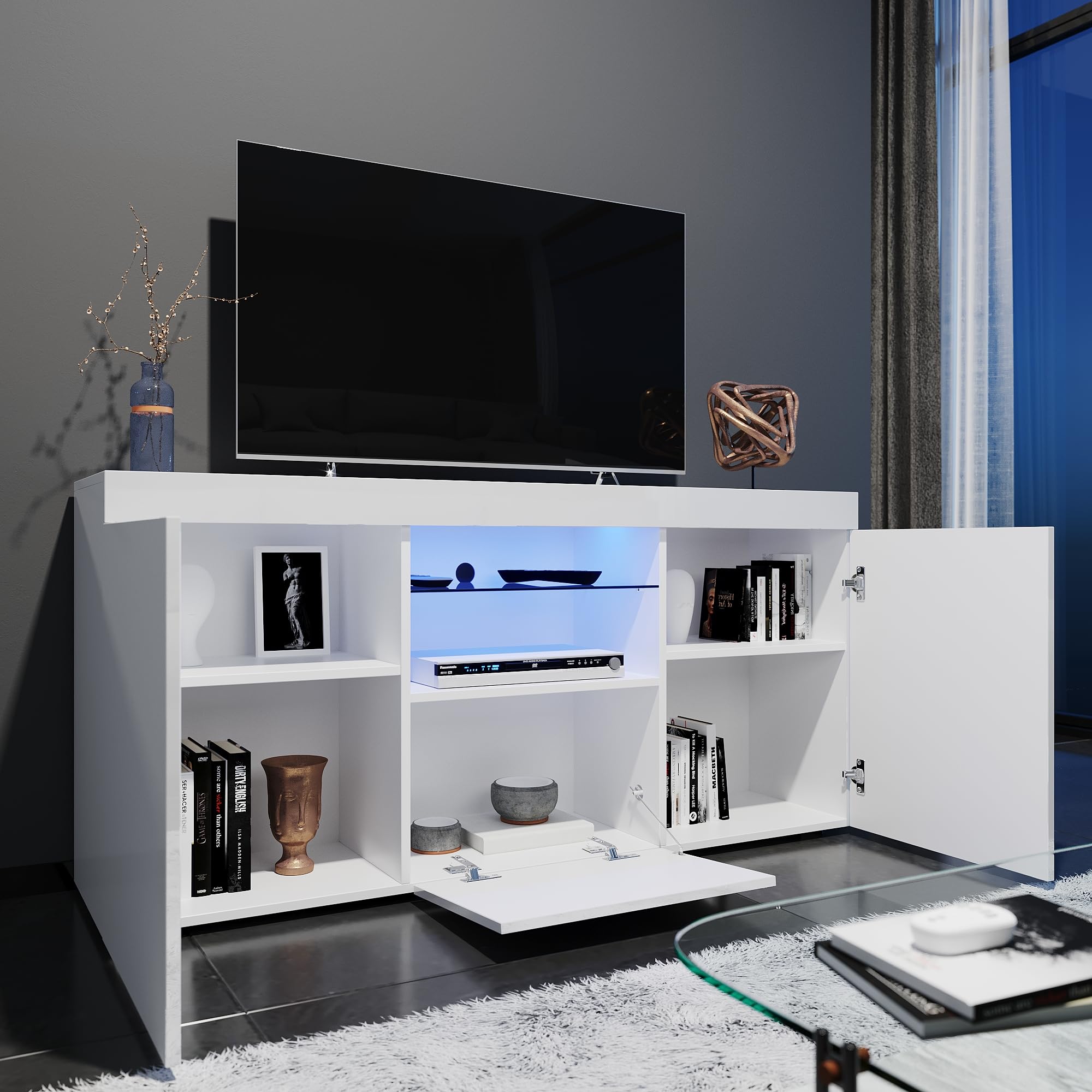 Modern White Gloss 1350mm LED TV Stand with Ambient Lighting - Storage Cabinet for 32-55 Inch 4K TVs | Perfect for Living Room & Bedroom Entertainment Setup