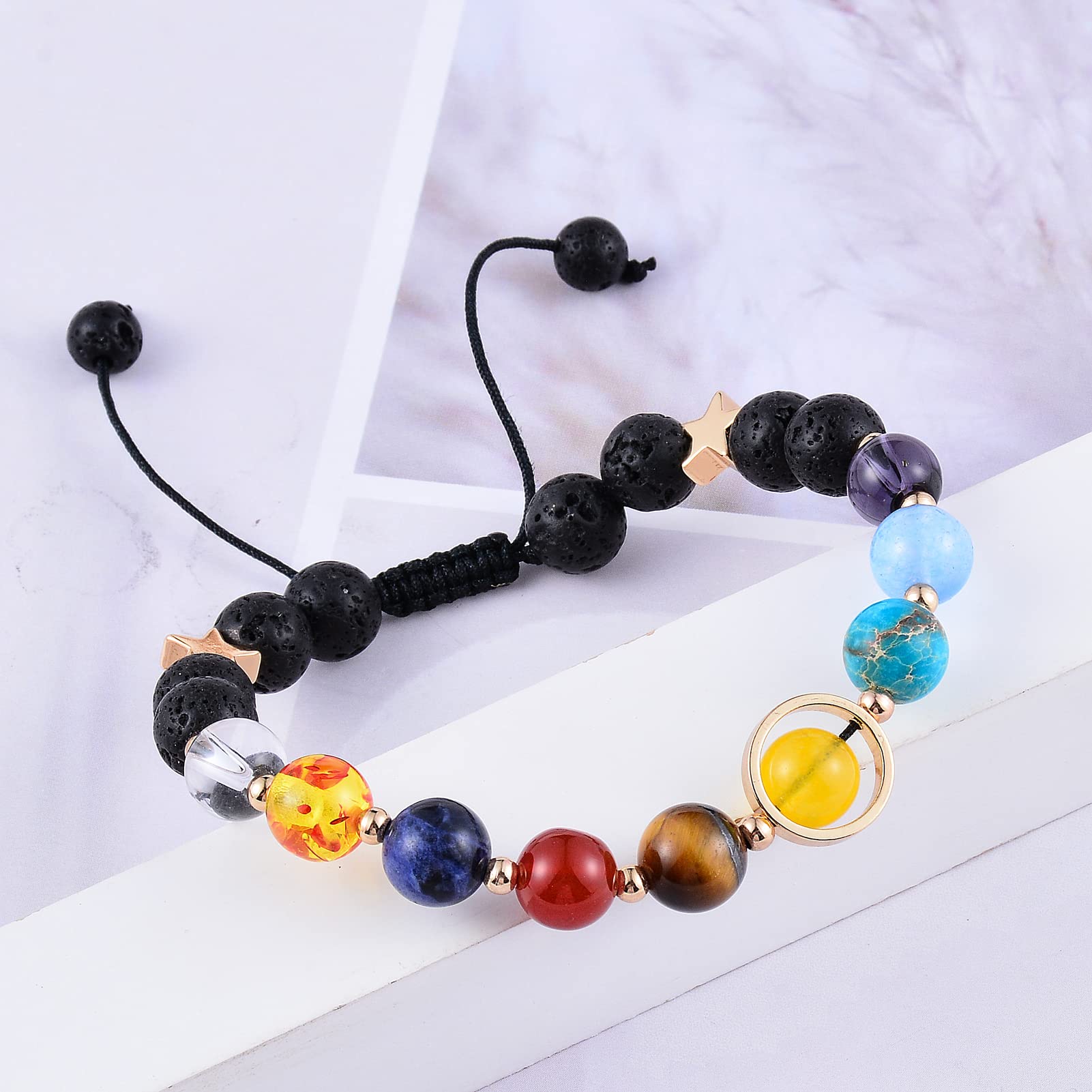 Solar System Bracelet - Universe Galaxy Bracelet with 8 Planets & Lava Rock Beads - Stretchy Yoga Chakra Bracelet for Men & Women - Perfect for Meditation, Aromatherapy & Spiritual Healing