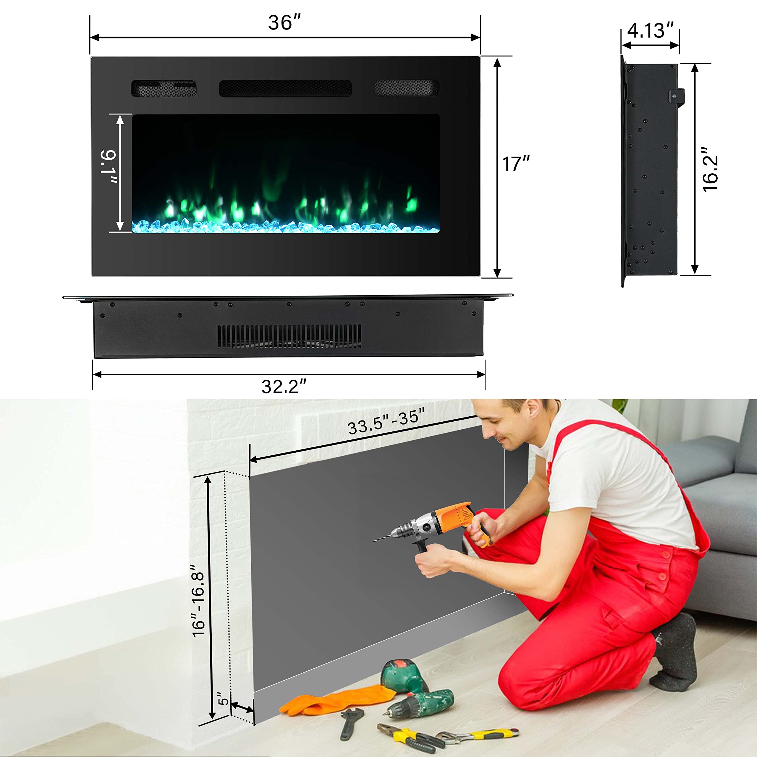 36 Inch Electric Fireplace Insert - Wall Mounted with 12 Flame Colors, Remote Control & Timer - Perfect for Living Room, Bedroom, and Office Heating