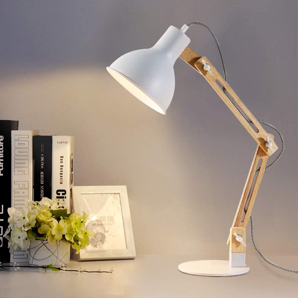 Depuley Adjustable Wood Swing Arm Desk Lamp - Modern Architect Multi-Joint Gooseneck Table Light with Black Metal Shade (Bulb Included) | Perfect for Reading, Working, Studying in Home Office, Bedroom or College Dorm