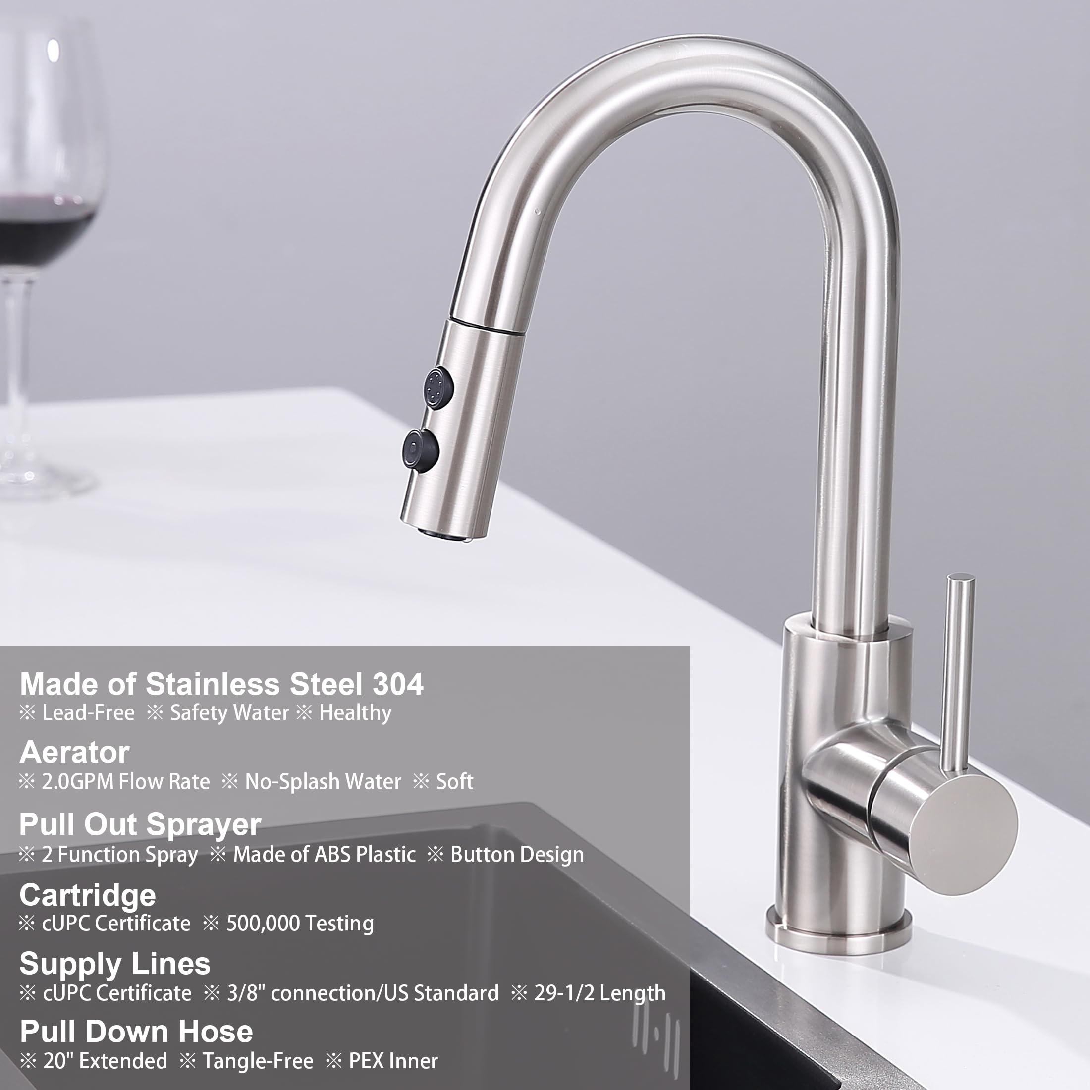 JXMMP Single Handle Pull-Out Sprayer Bar Faucet - Brushed Nickel Stainless Steel Kitchen Sink Faucet with cUPC Supply Hose - Perfect for Small Kitchens, Wet Bars & Home Bars