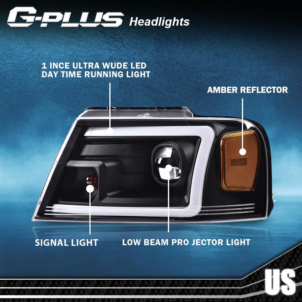 G-PLUS LED DRL Headlights for 2004-2008 Ford F150 & Lincoln Mark LT - Black Housing for Daytime Driving
