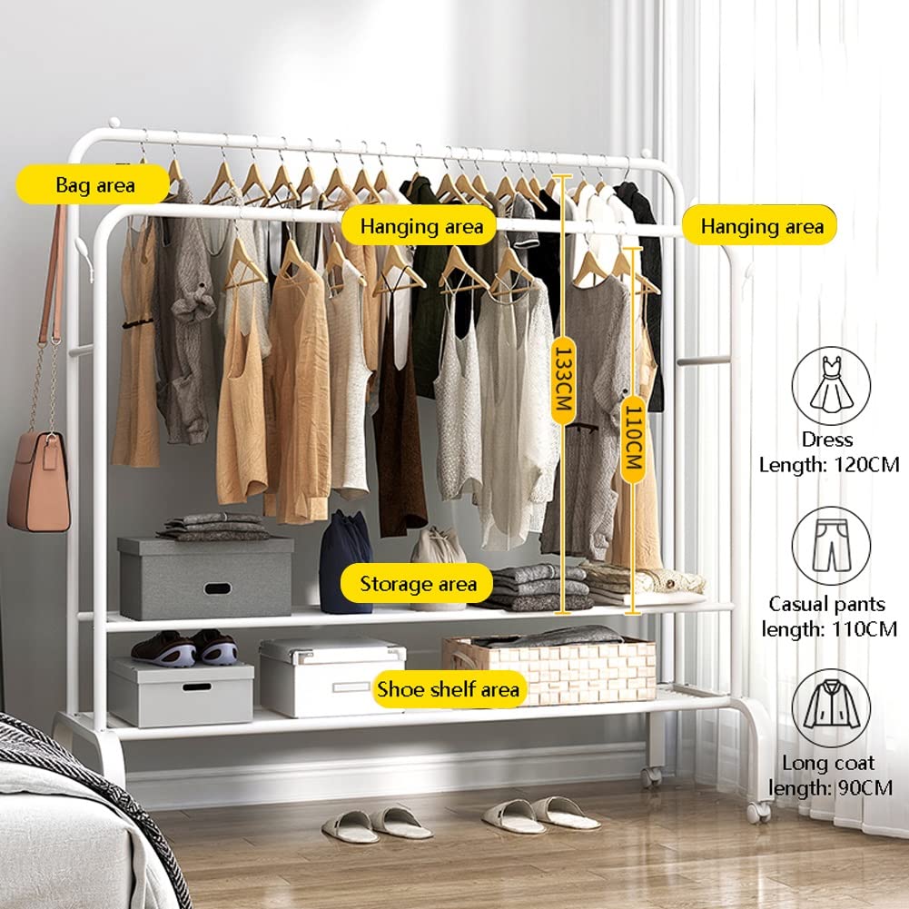 Freestanding Rolling Clothes Rack with Wheels & Double Rails - Heavy Duty Garment Rack with Shelves for Bedroom, Open Wardrobe, Coat Storage (Black, 146x45x157cm) - Perfect for Small Spaces, Apartments & Closet Organization