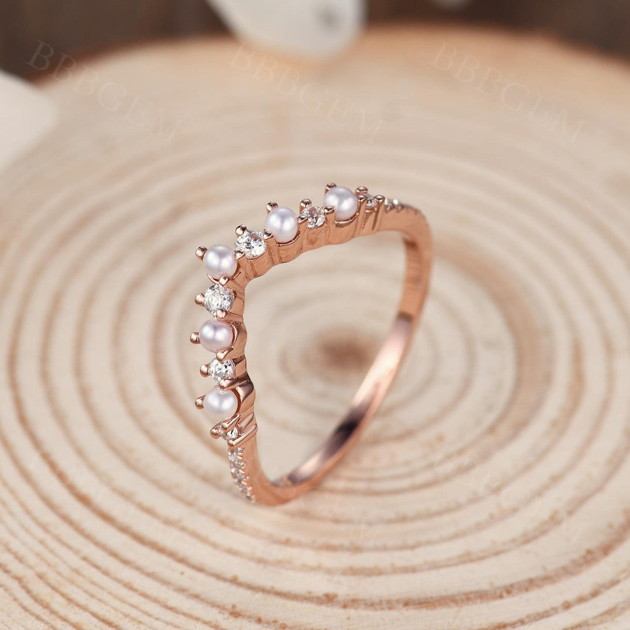 14K Rose Gold Petite V-Shaped Pearl & Diamond Stacking Ring for Women - Elegant Curve Band for Layering, Stacking, and Everyday Wear