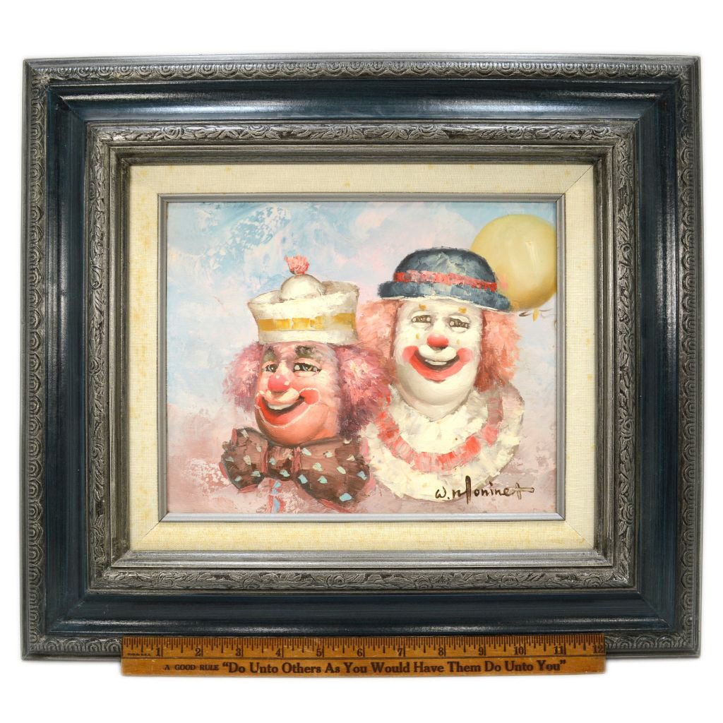 Original Happy Clowns Oil Painting on 8x10 Canvas - Signed W. Moninet - Wood Framed Wall Art - Perfect for Home Decor, Office & Gift Giving