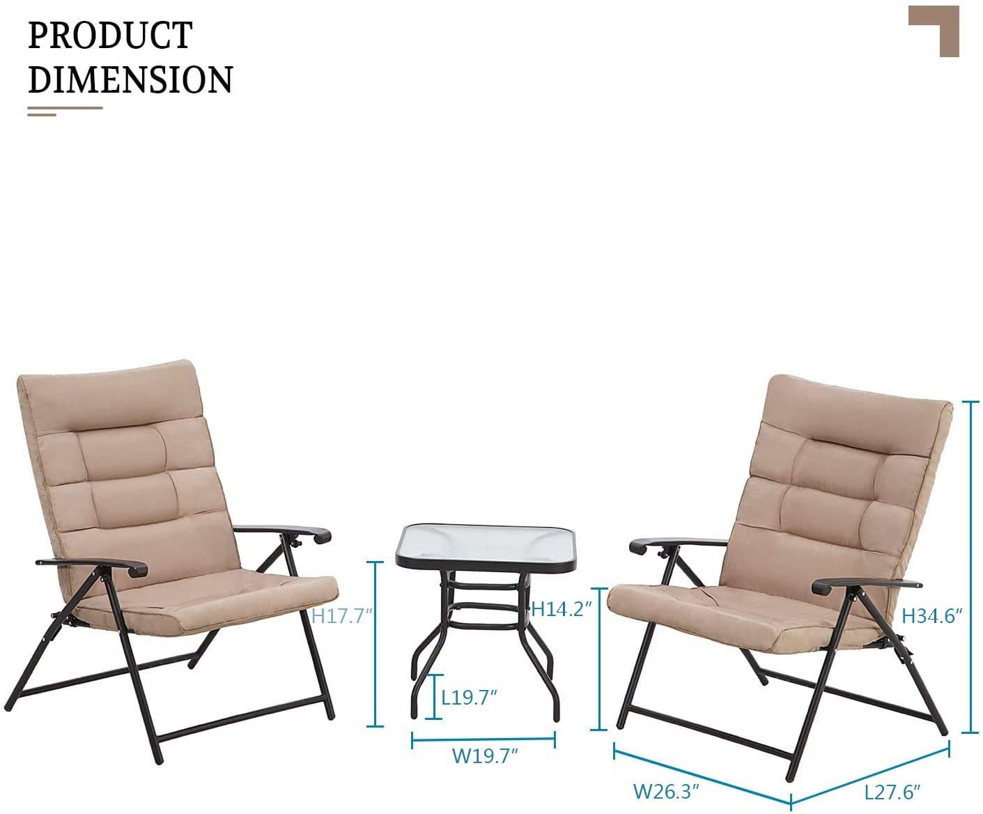 3-Piece Patio Folding Bistro Set - Outdoor Metal Adjustable Recliner Furniture with 2 Foldable Padded Chairs & Coffee Table - Perfect for Balcony, Backyard, Porch, Garden & Poolside (Beige)