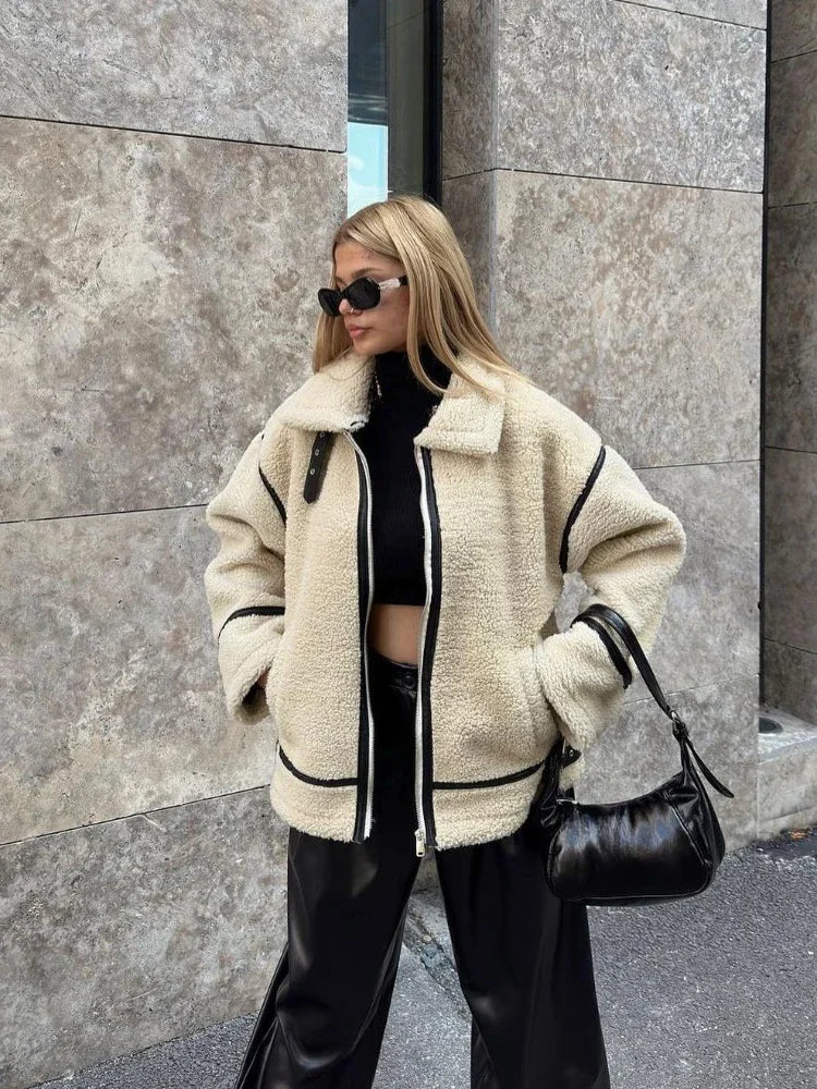 Women's Faux Fur Jacket with Zipper - Warm Winter Coat Long Sleeve Lapel Outerwear for Cold Weather | Cozy Casual Style for Fall and Winter Outfits, Office Wear, Date Nights and Outdoor Activities