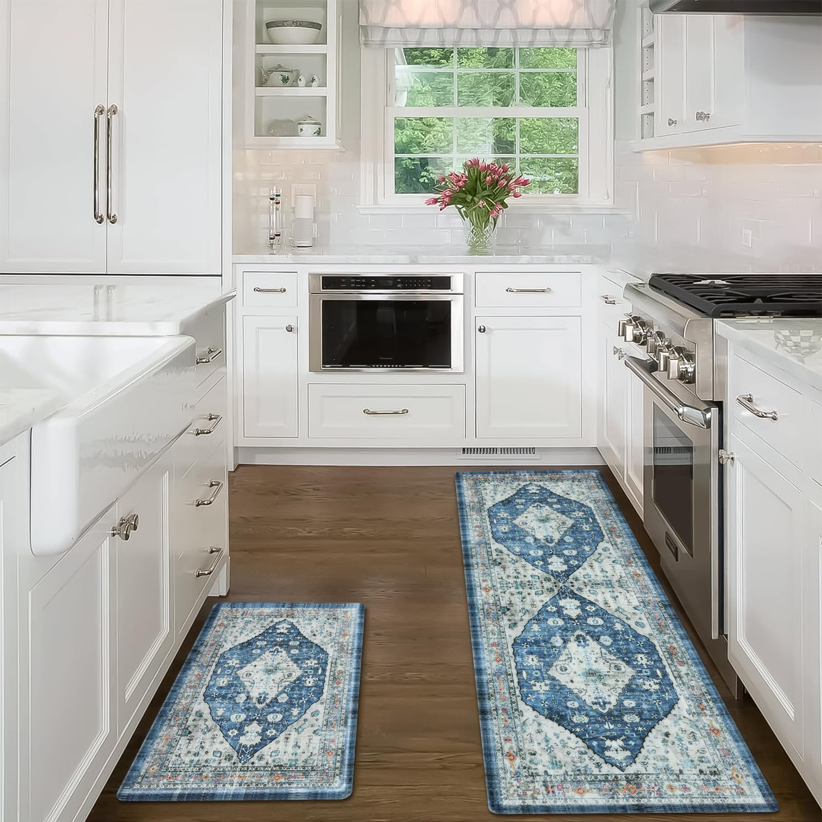Boho Kitchen Rugs Set of 2 - Non-Slip Anti-Fatigue Floor Mats for Kitchen, Standing Desk & Laundry - Waterproof Cushioned Foam Mats (17