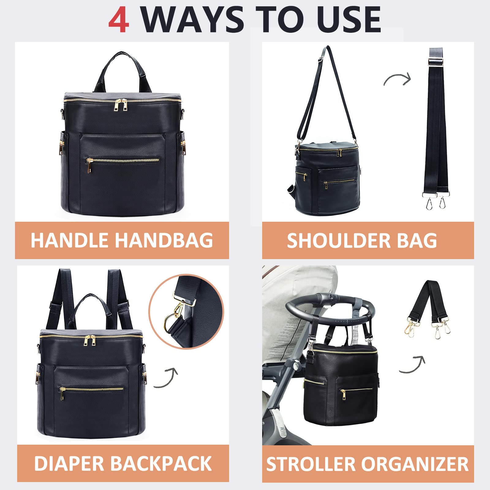 Premium Leather Diaper Backpack for Moms & Dads - Waterproof Baby Bag with Laptop Sleeve, Changing Pad, Wipes Pouch & Stroller Straps - Stylish & Functional Diaper Bag for Travel, Work & Everyday Use