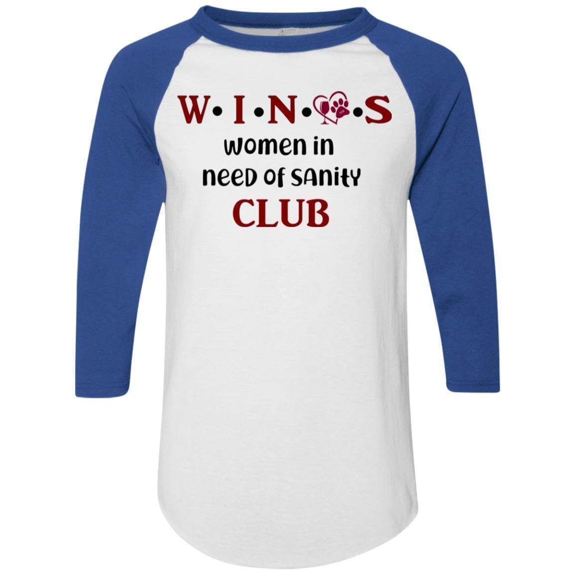 WineyBitches.Co WINOS Club Colorblock Raglan Jersey with Burgundy Lettering - Perfect for Wine Tasting Parties, Girls' Night Out & Casual Wear